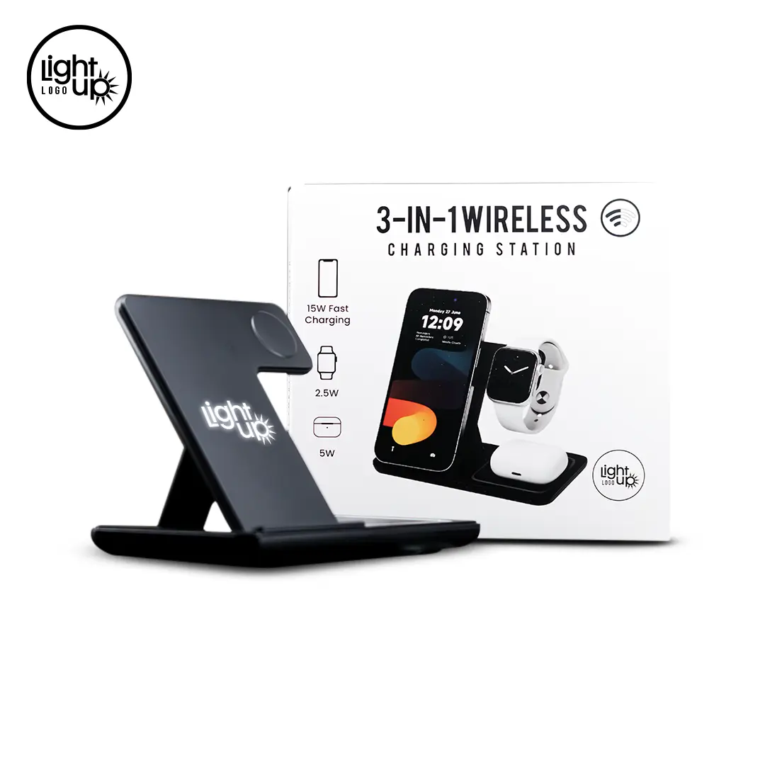 3-in-1 Wireless Charging Station with LightUp Logo - Black Foldable Design