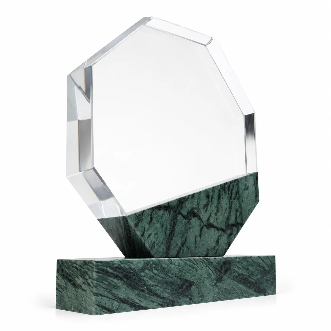 Green marble octagonal crystal award on a desk