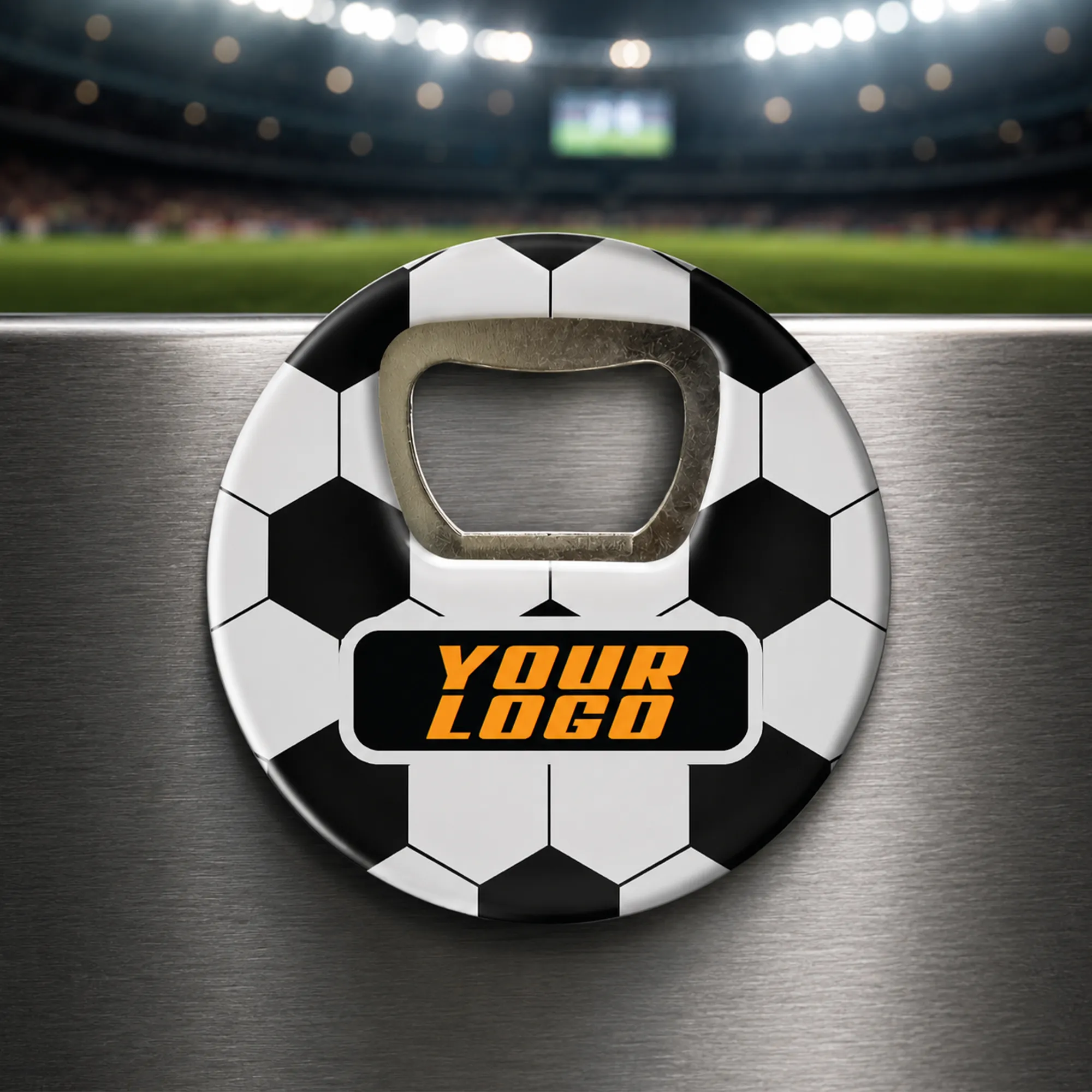 Football shaped bottle opener – 11425 with fridge magnet and customizable white surface