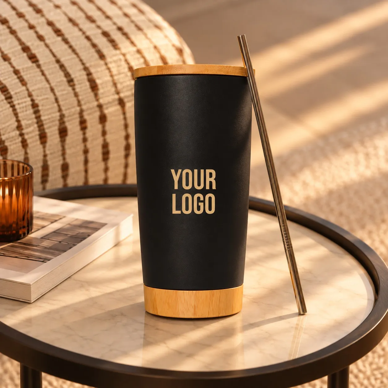 Stainless Steel Tumbler With Bamboo Lid And Base Black