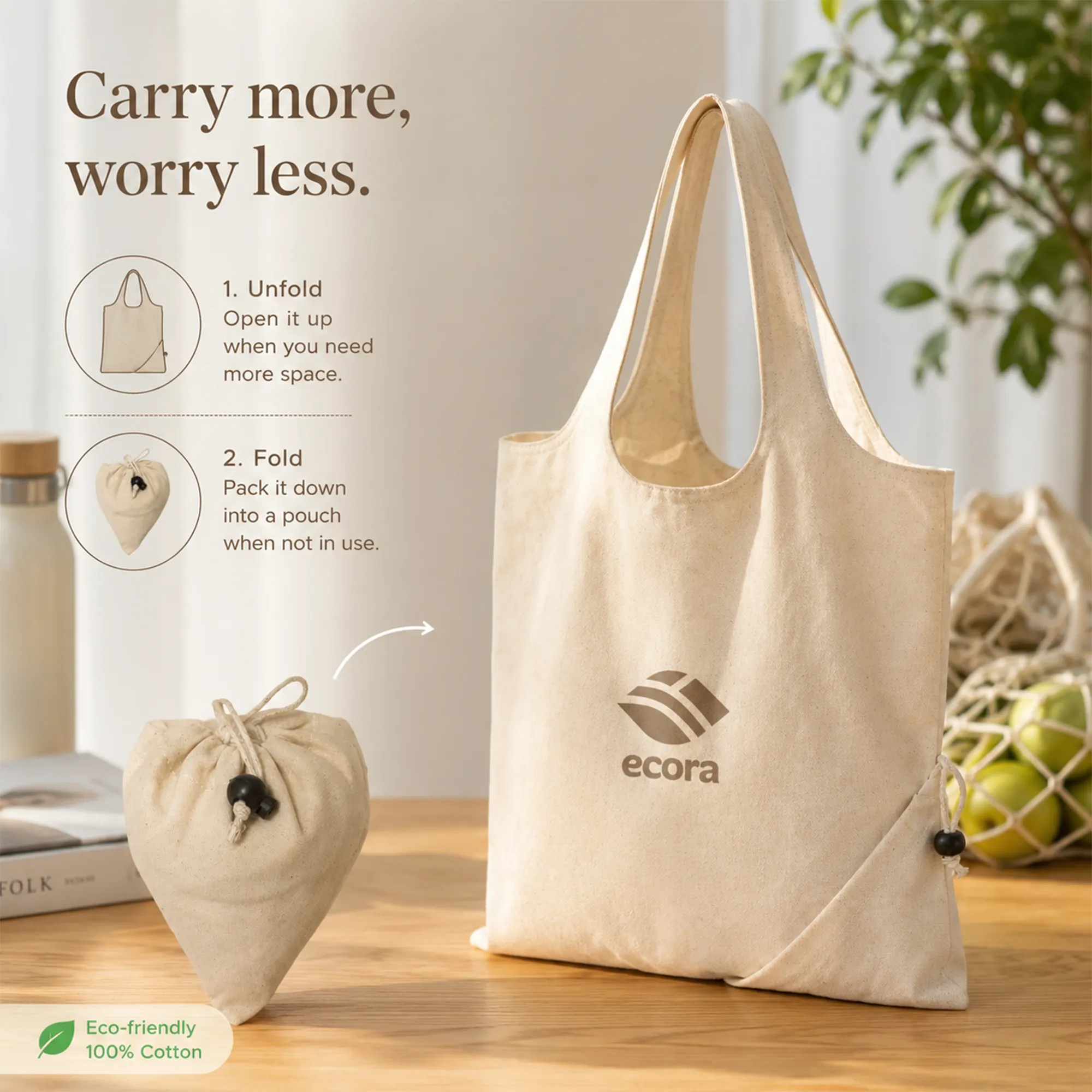 Folva foldable canvas shopping bag opened to full size with the front logo area visible
