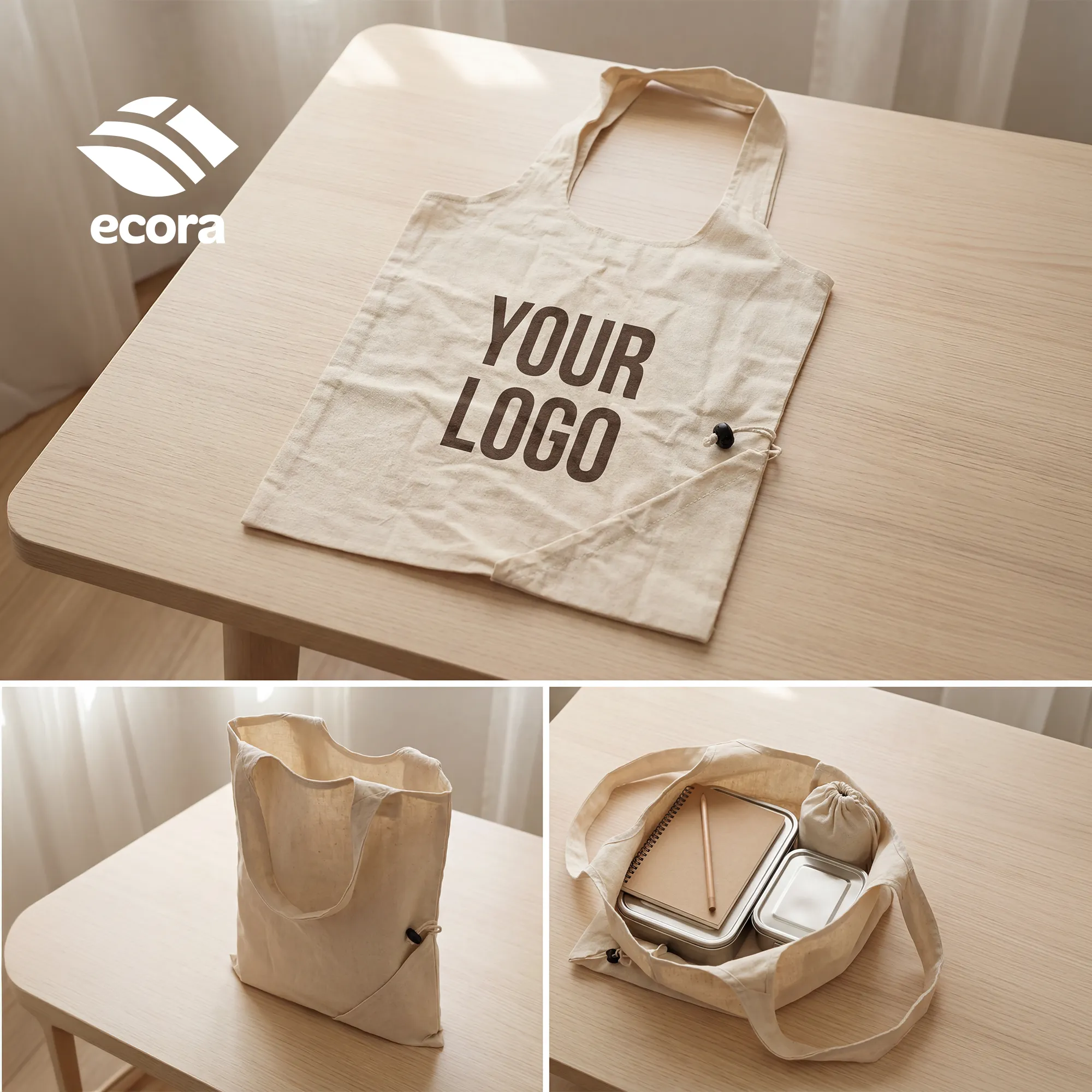 Folva foldable canvas shopping bag opened to full size with the front logo area visible