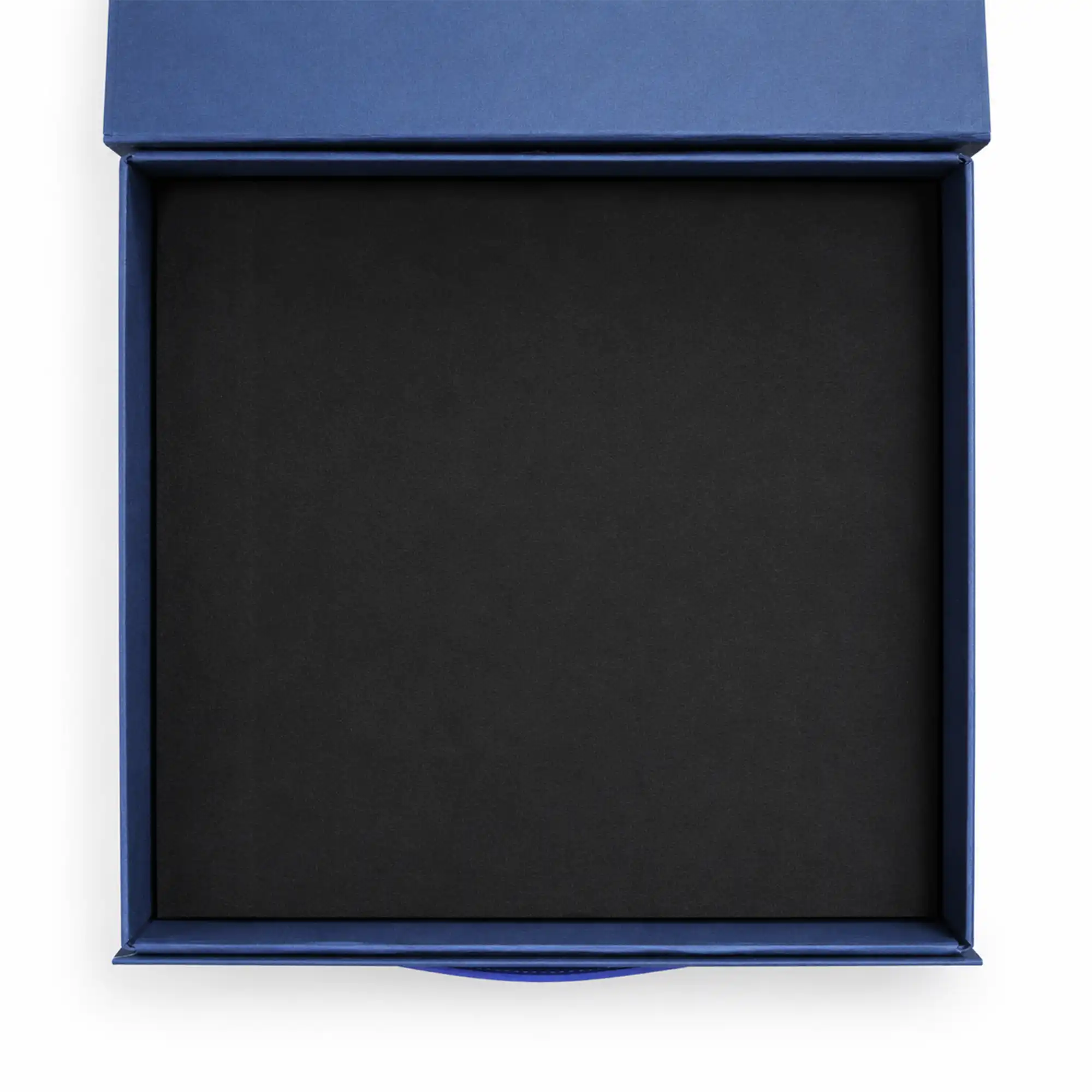 blue luxury gift box closed with blue PU leather handle and front branding area