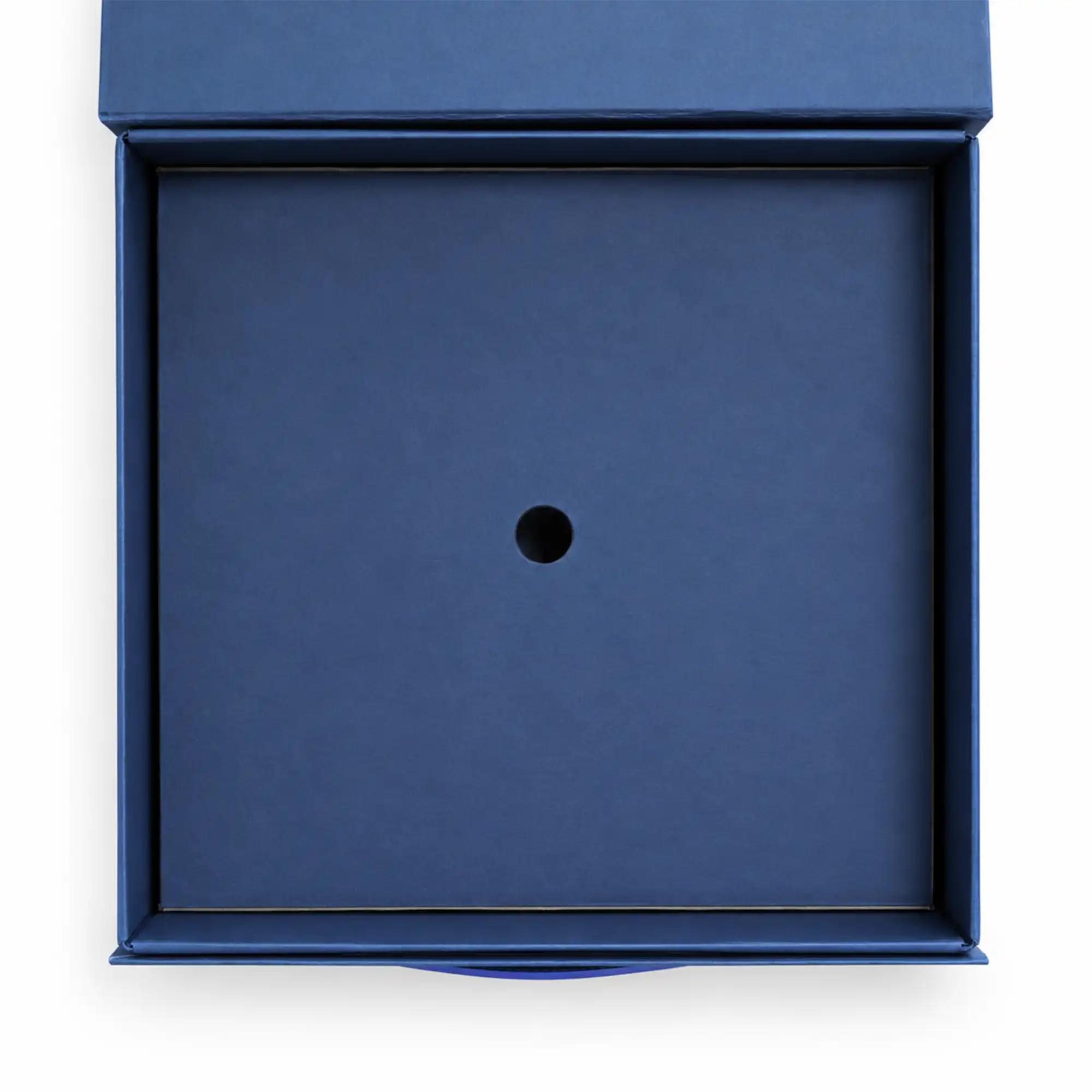 blue luxury gift box closed with blue PU leather handle and front branding area