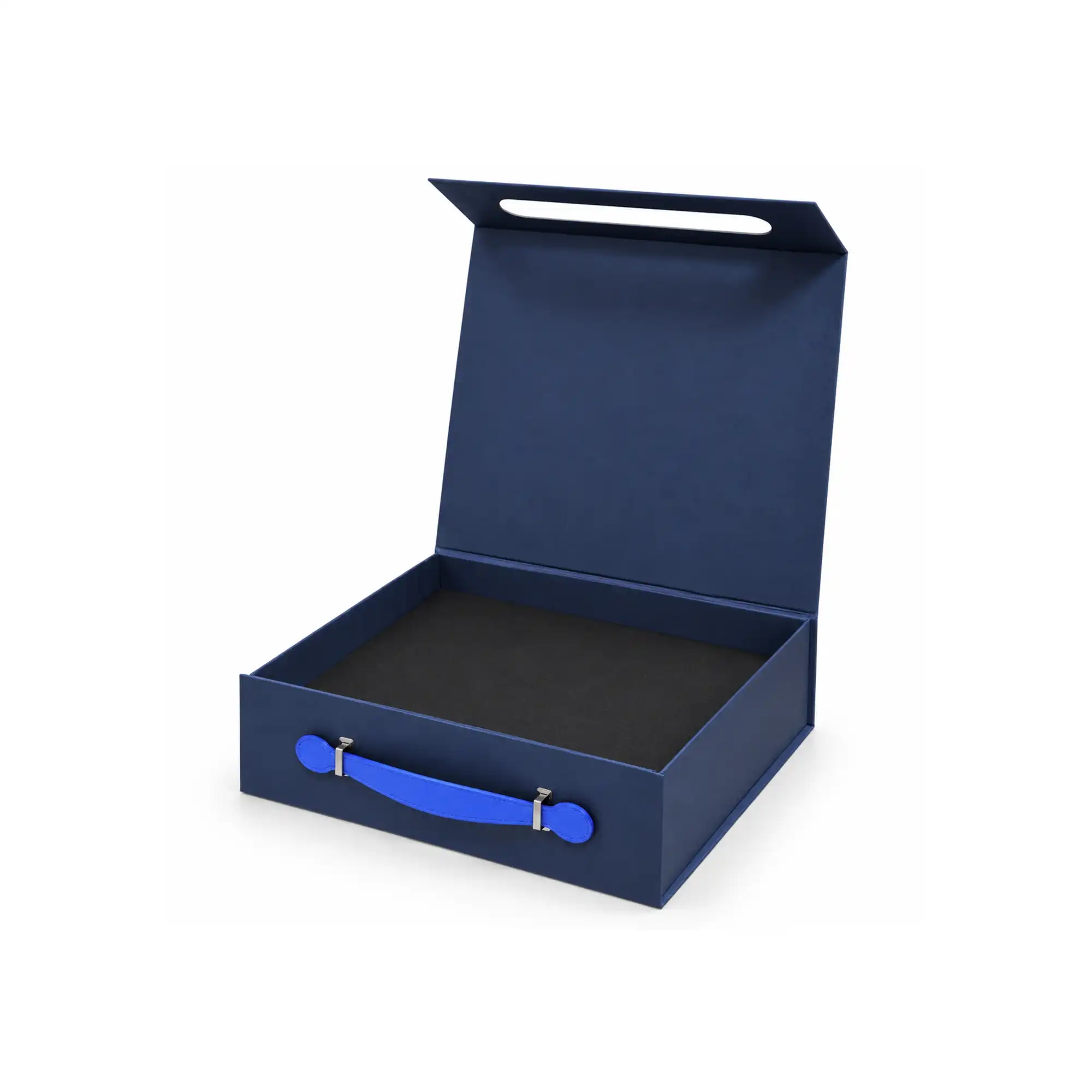 blue luxury gift box closed with blue PU leather handle and front branding area