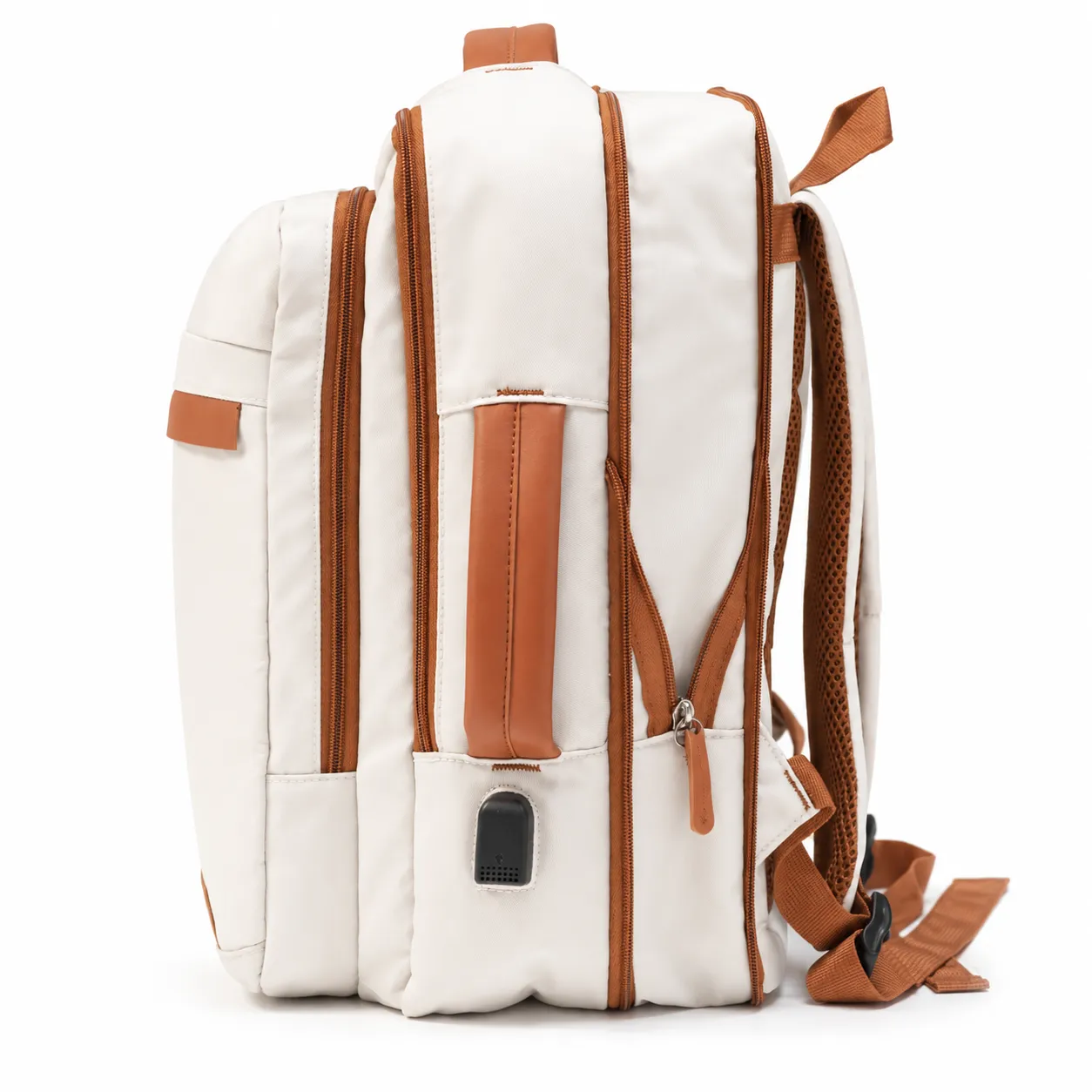 Beige Voxtra travel backpack, front three-quarter view with tan leather trim