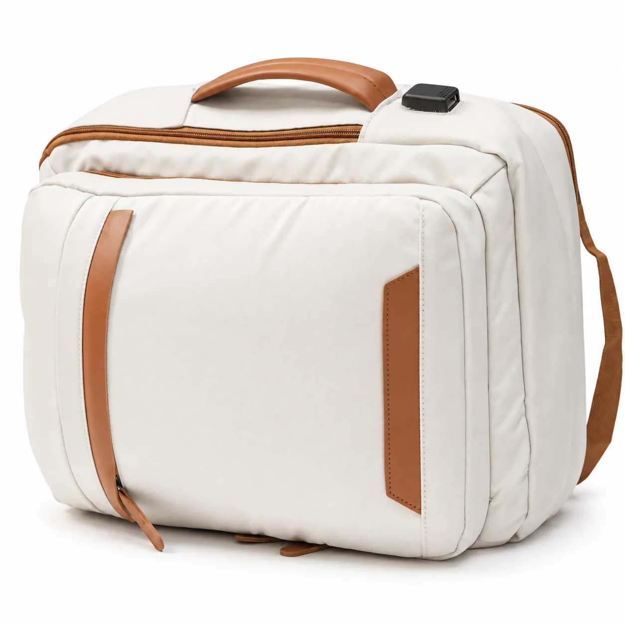 Beige Voxtra travel backpack, front three-quarter view with tan leather trim