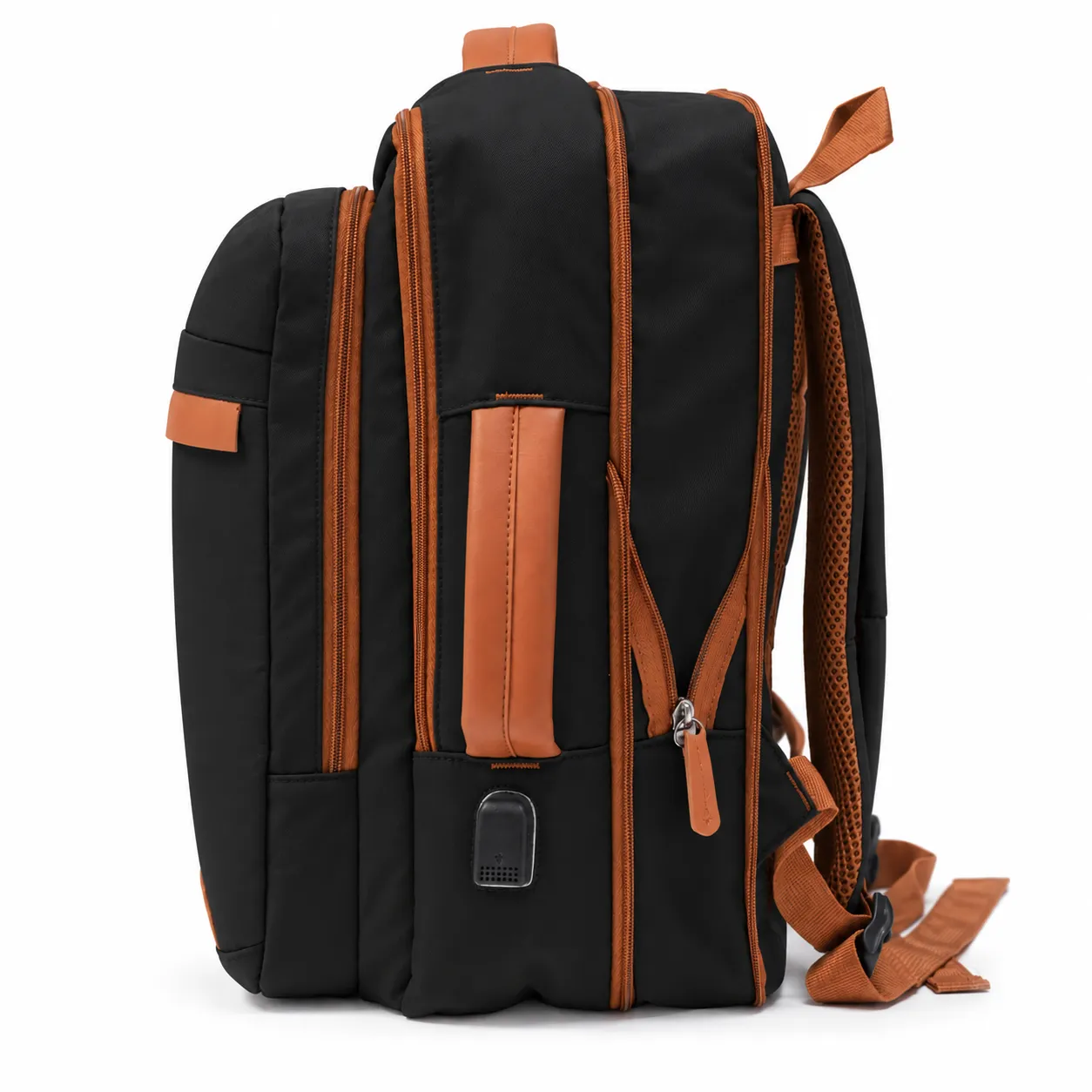 Back of the black Voxtra backpack showing padded straps and breathable mesh panel