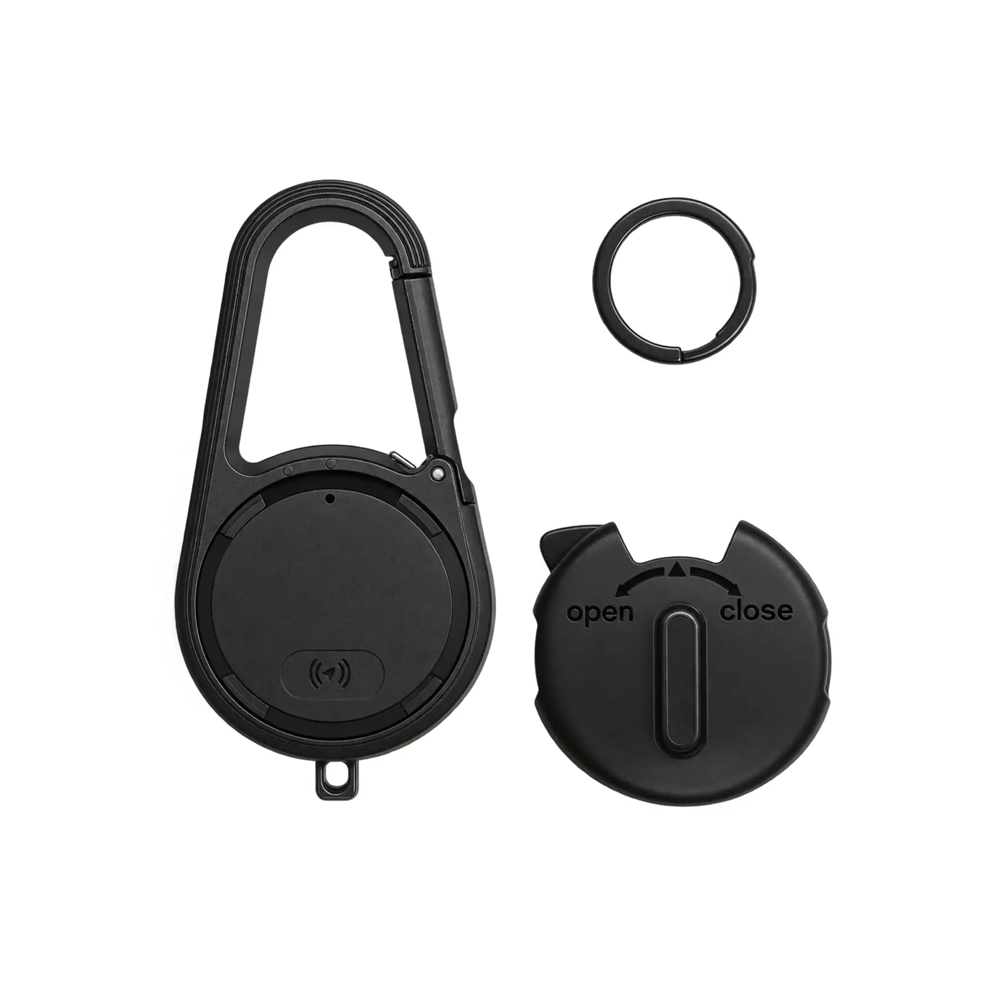 Latchex carabiner Bluetooth finder shown open with keyring, rotating cap and clip