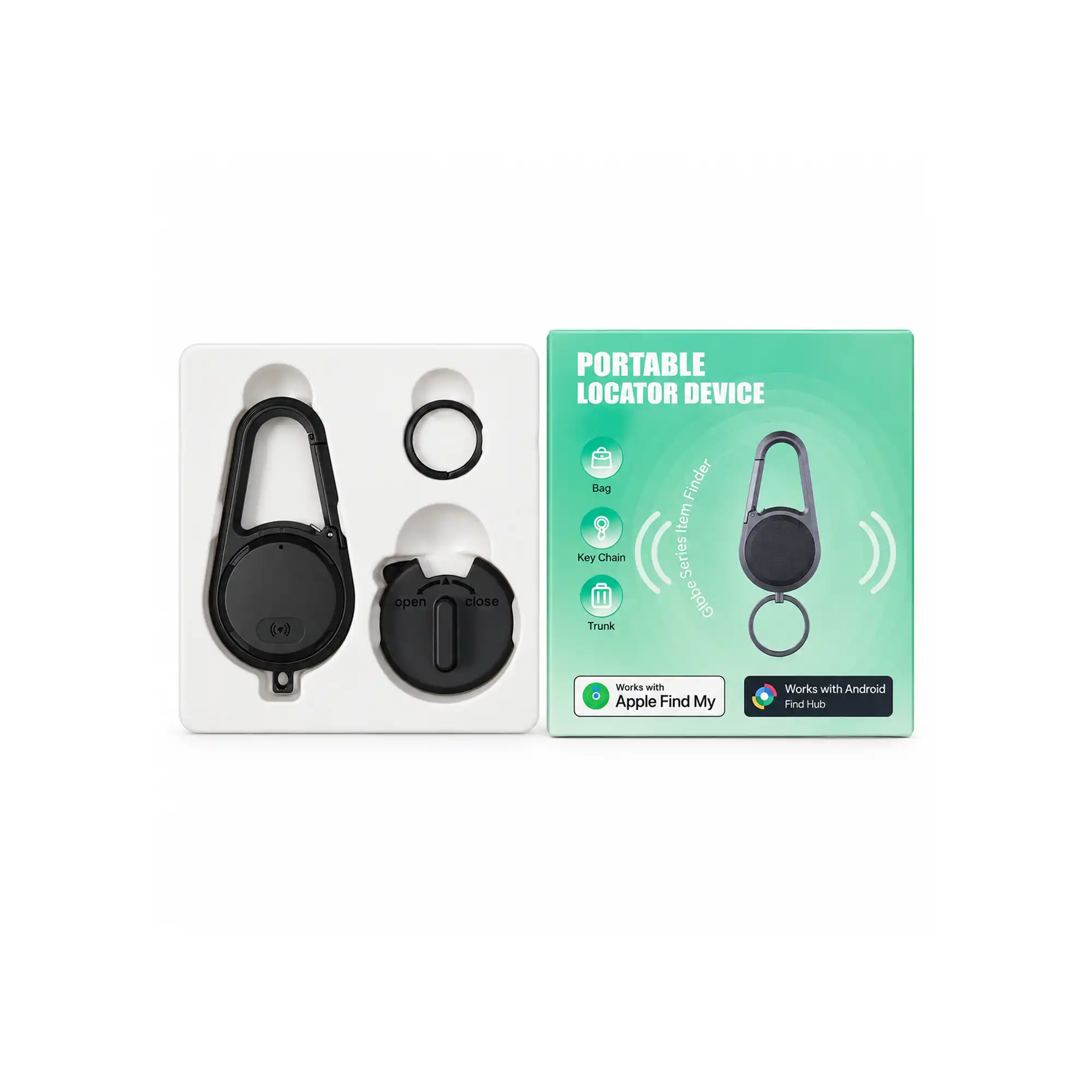 Latchex carabiner Bluetooth finder shown open with keyring, rotating cap and clip