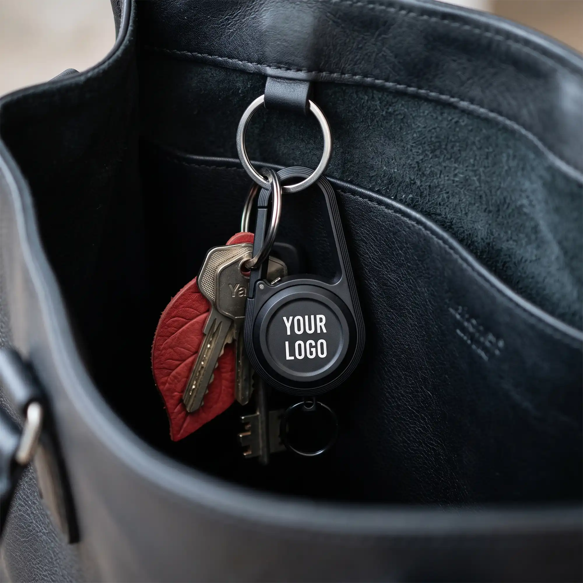 Latchex carabiner Bluetooth finder shown open with keyring, rotating cap and clip