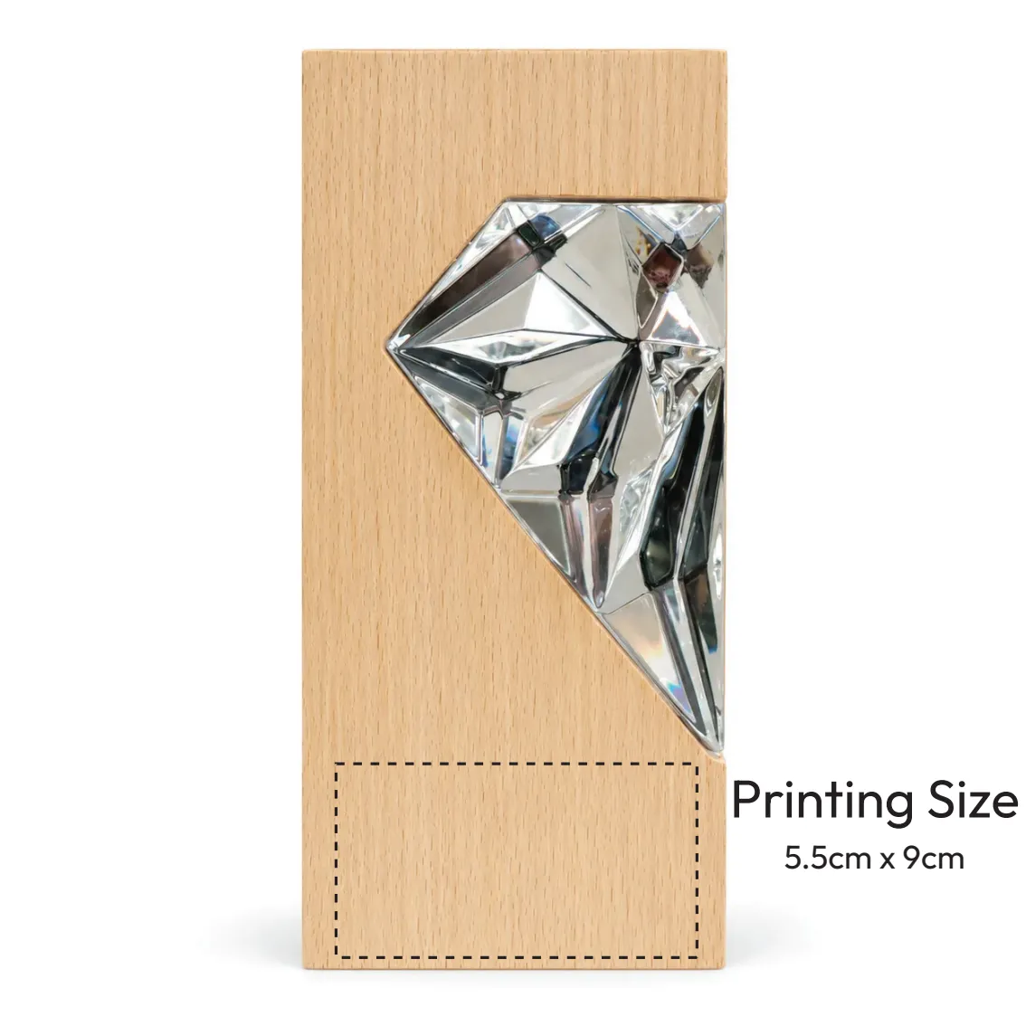 Silver crystal diamond award on wood base, close-up of faceted surface