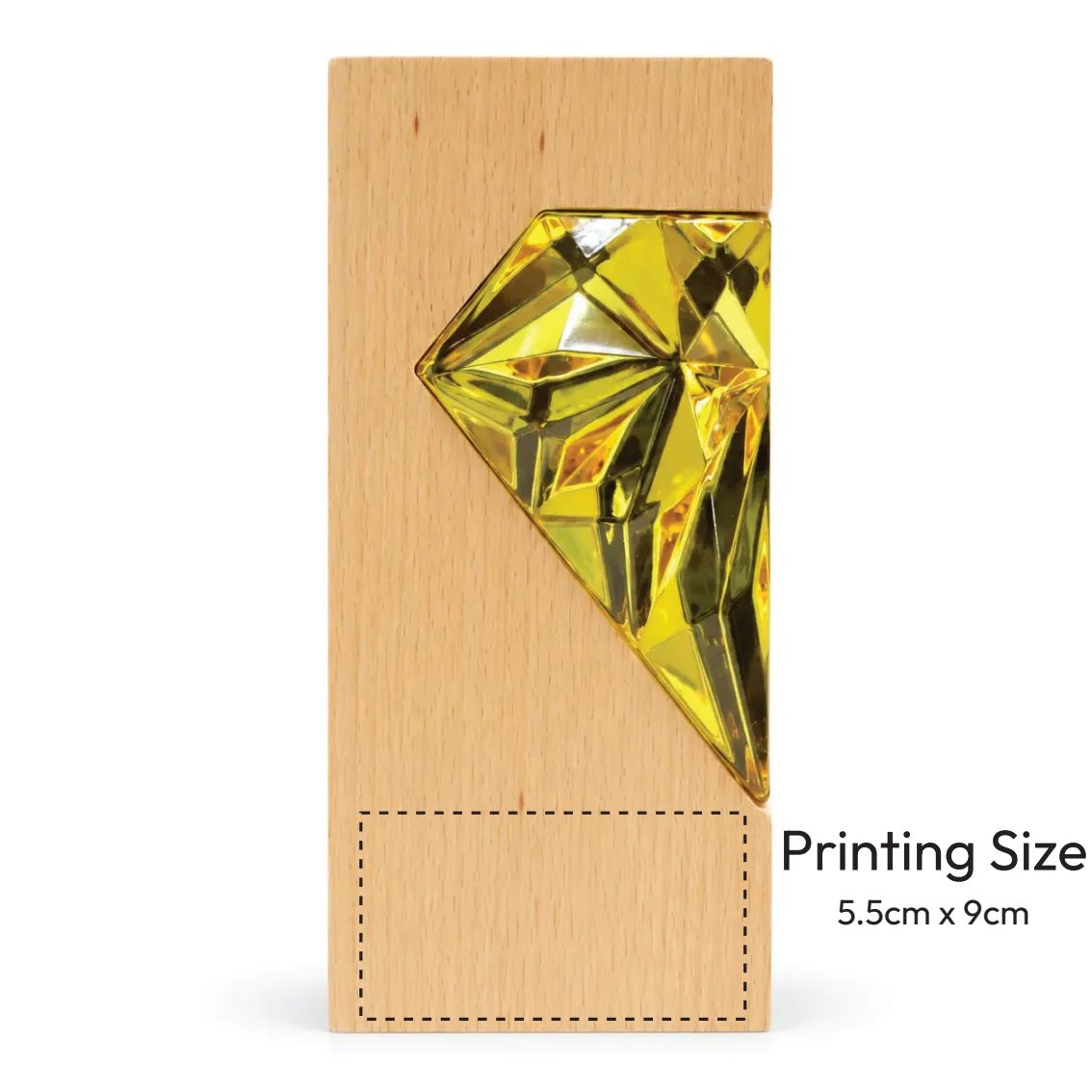 Gold crystal diamond award on wood base, close-up of faceted surface