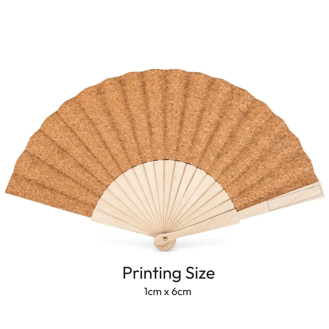 Folding hand fan opened flat showing a speckled natural cork leaf on a pale wooden ribbed frame with a brass pivot