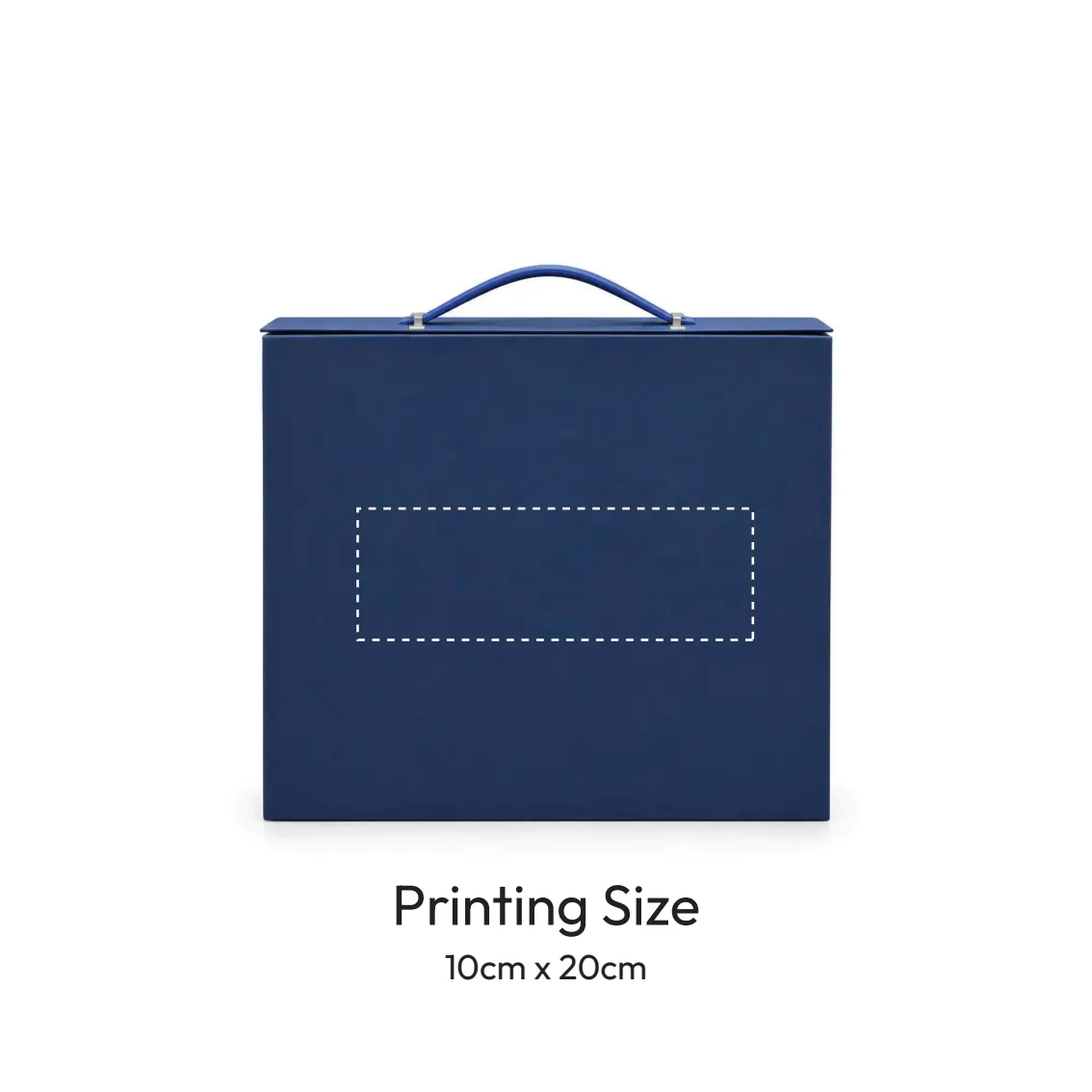 blue luxury gift box closed with blue PU leather handle and front branding area