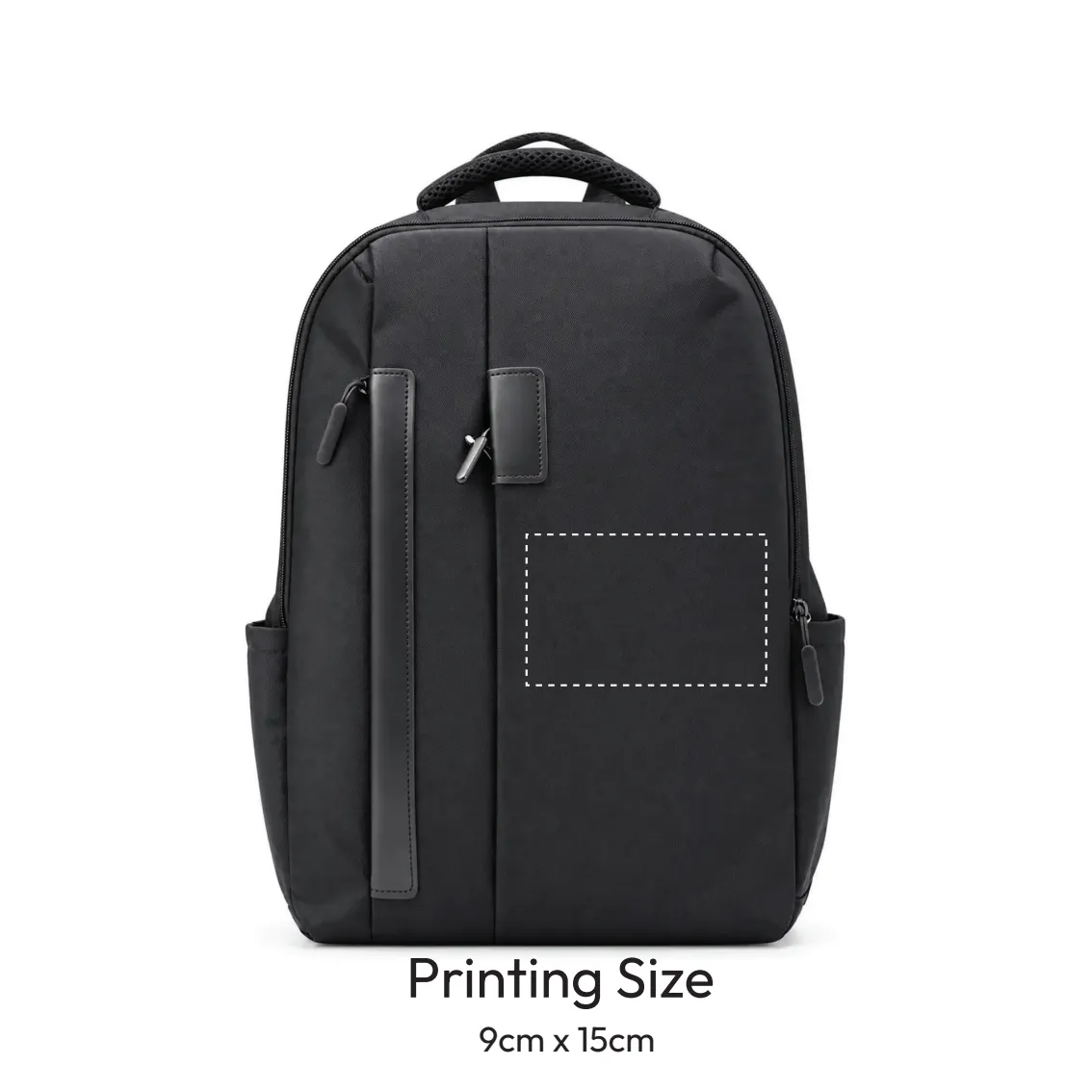 Black Orvel slim business laptop backpack, front view with grey leather trim
