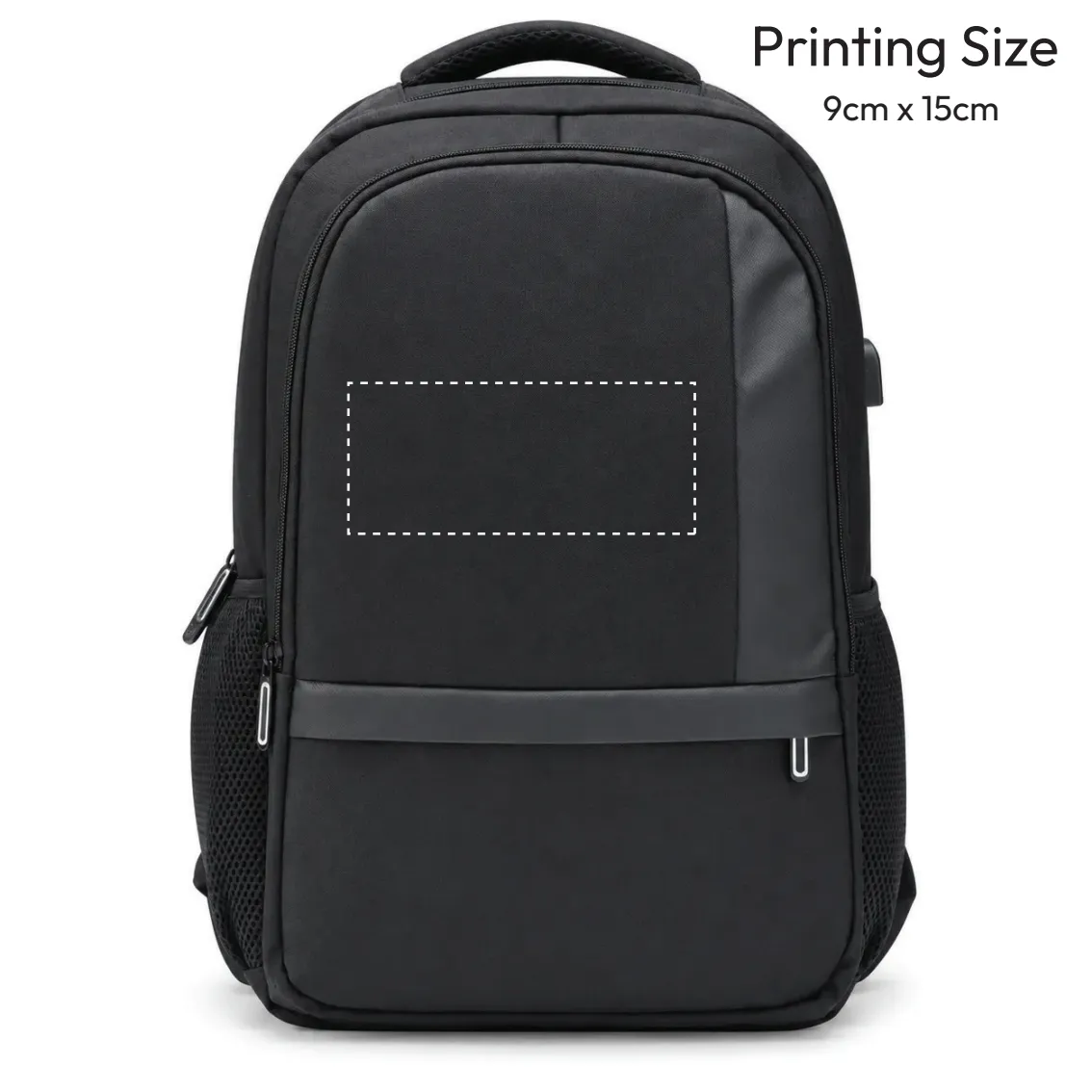 Front print area on the black Nexbak backpack, embroidery, UV DTF or screen print