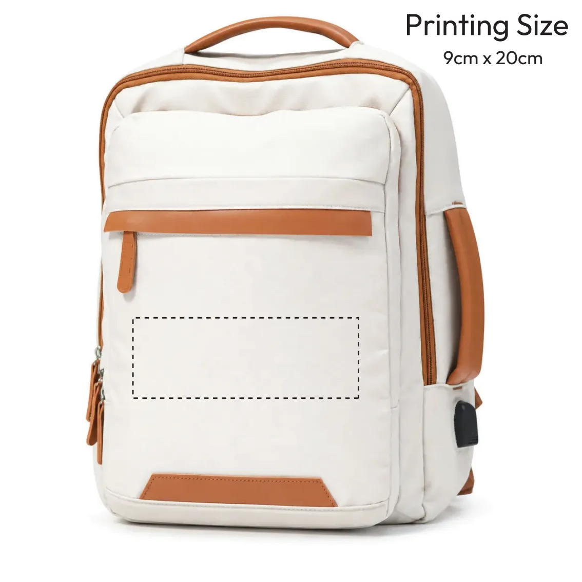Beige Voxtra travel backpack, front three-quarter view with tan leather trim
