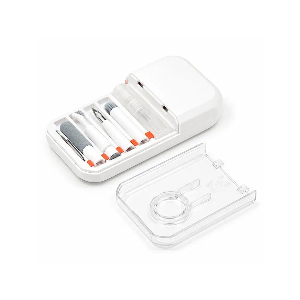 	White 14-in-1 gadget cleaning kit with clear lid showing brushes, earbud pen and spray inside