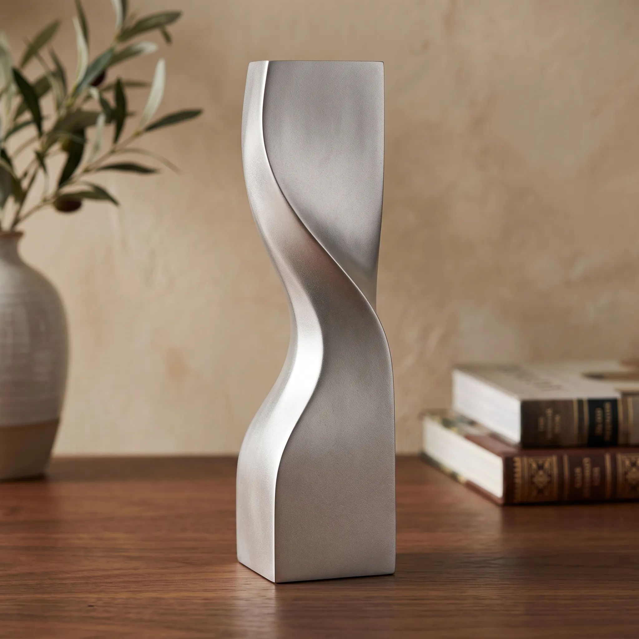 Matte silver twisted crystal award, tall sculptural column shape