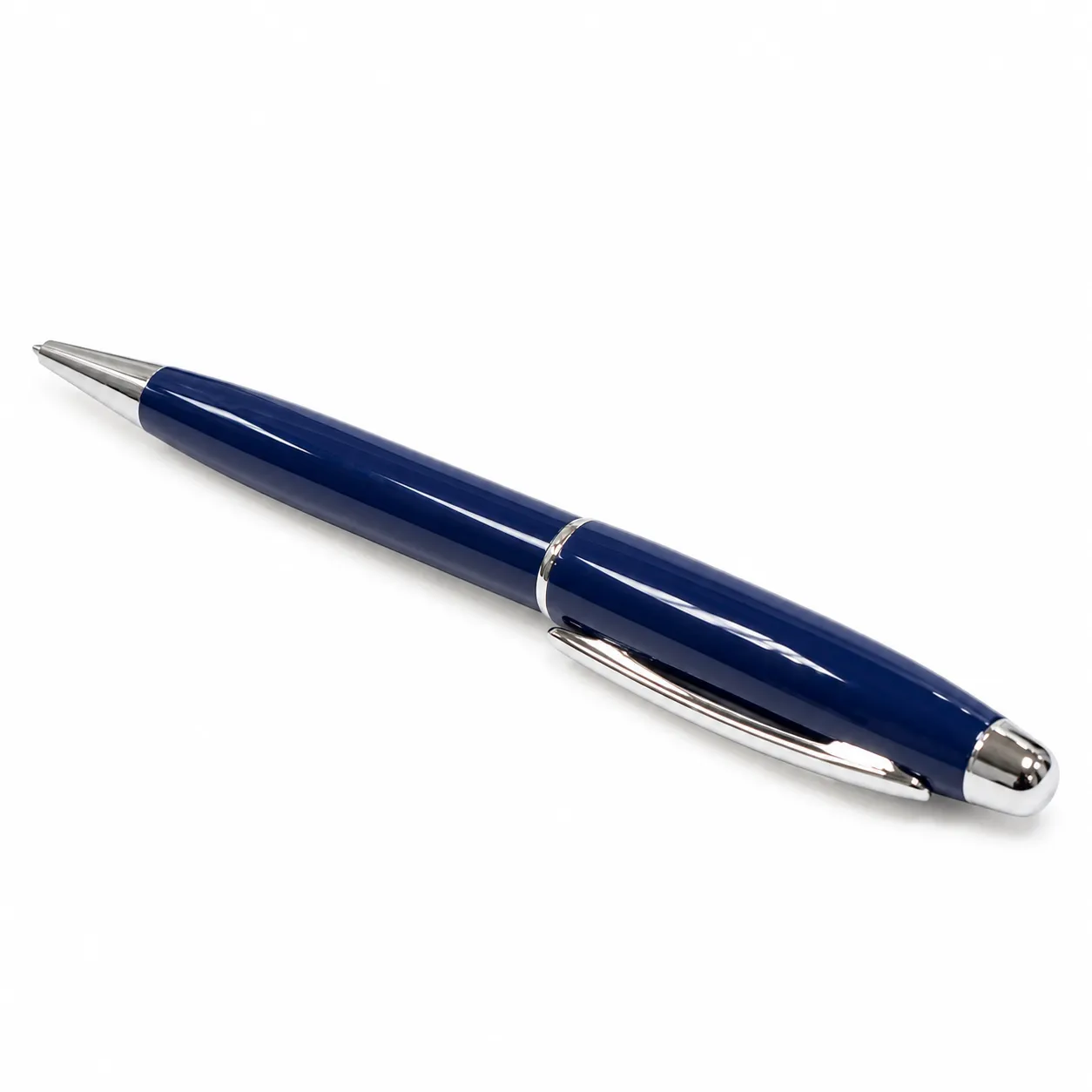 Blue glossy metal ballpoint pen with chrome trim standing upright on white