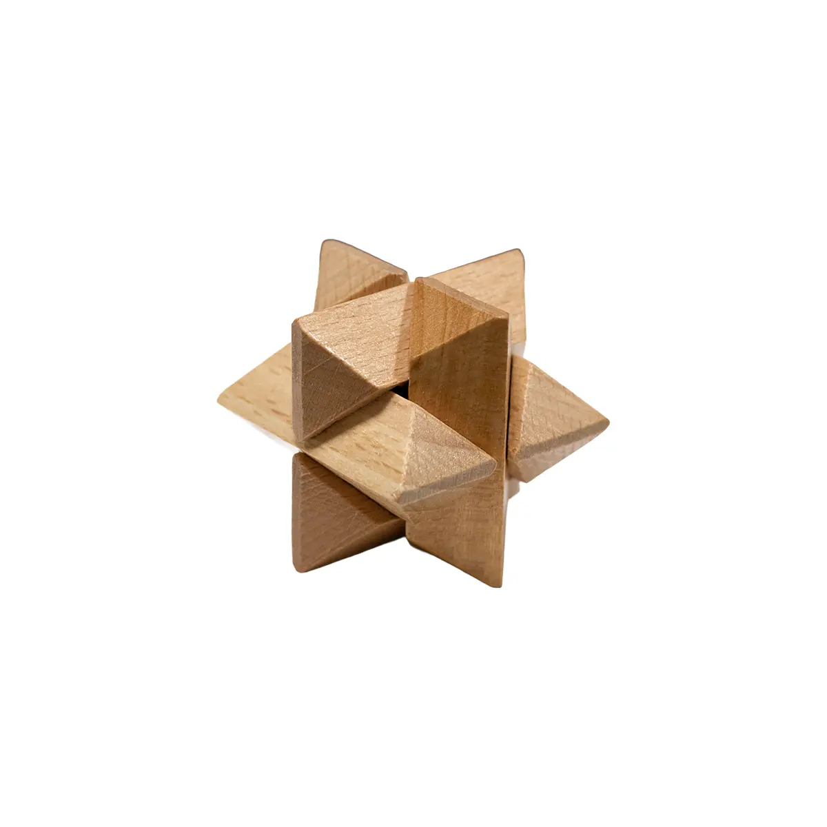 Wooden star, bead cluster, and cube puzzle set displayed beside box