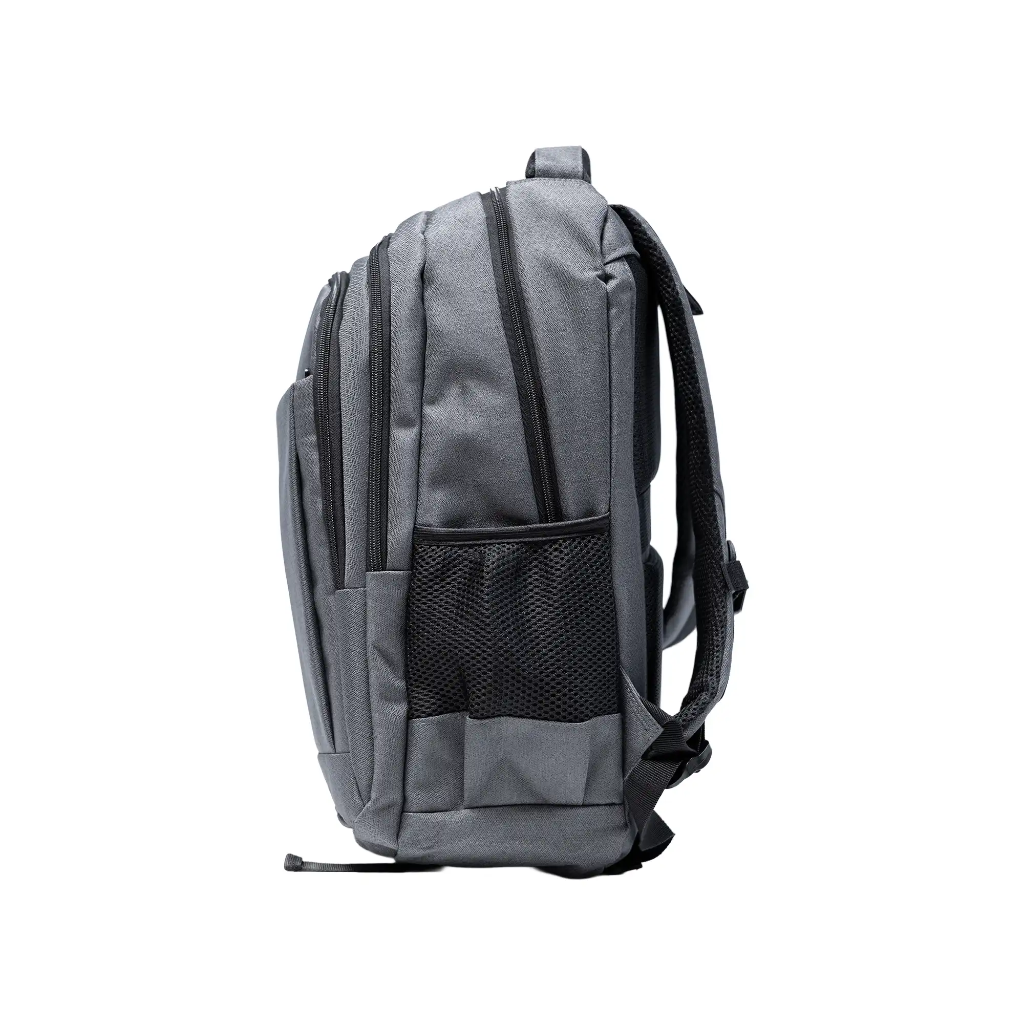 Gray travel backpack with zipper and USB charging feature