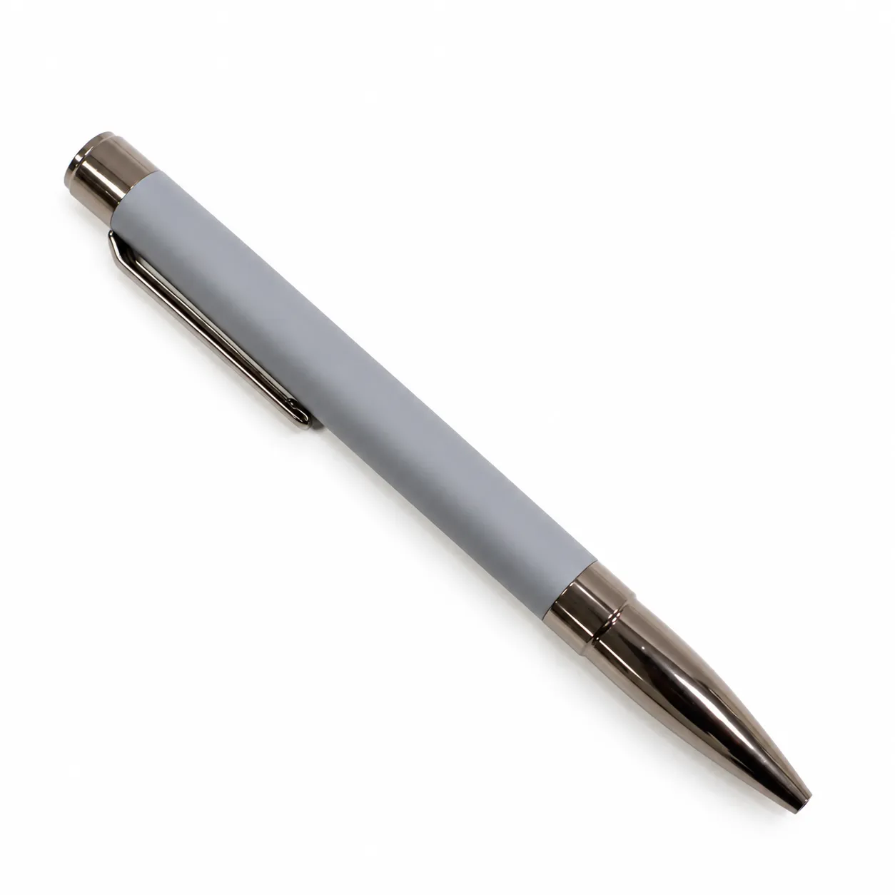 Grey matte metal ballpoint pen with gunmetal clip and bullet tip on white