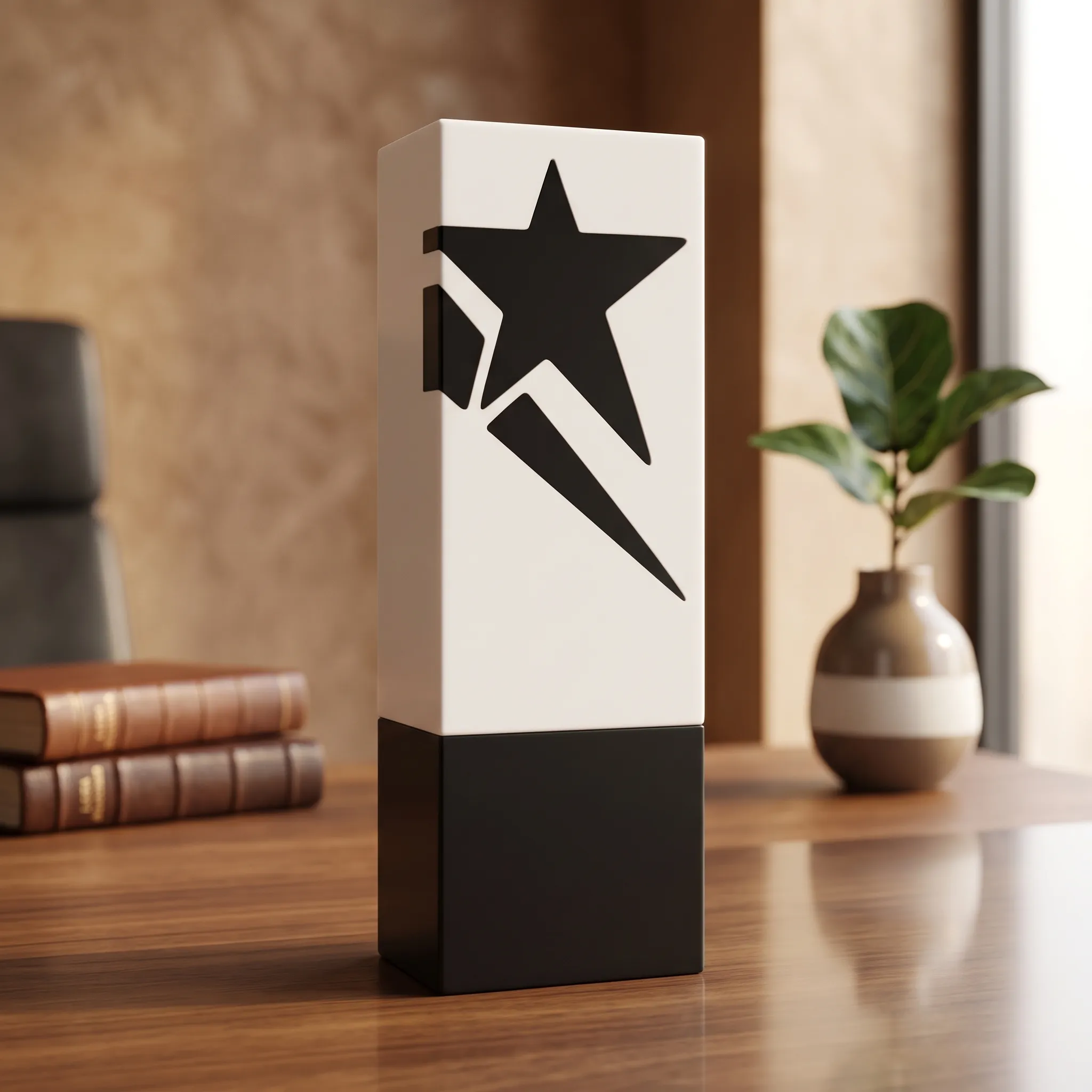 Two-tone crystal award with black star motif on white face