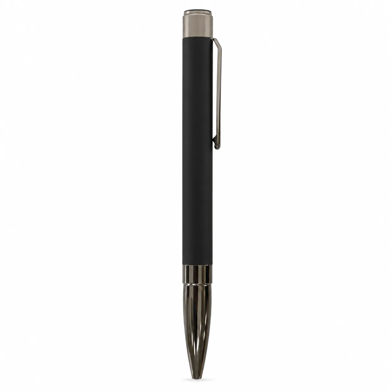 Black matte metal ballpoint pen with gunmetal clip and bullet tip on white