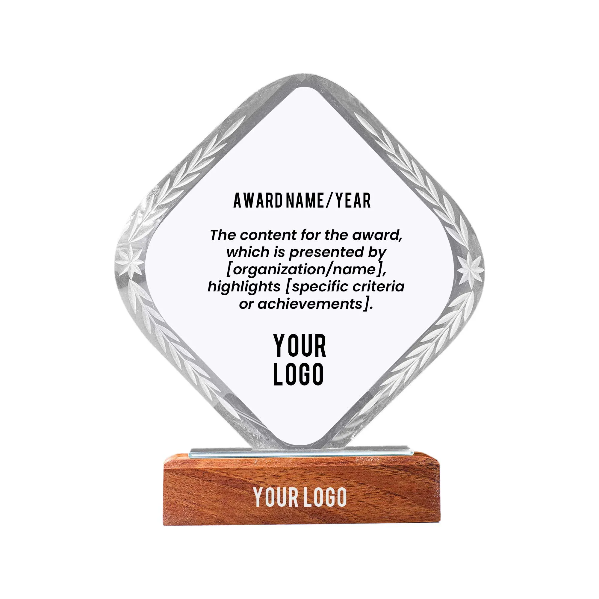 Rhombus Shaped Crystal Trophy With Wooden Base
