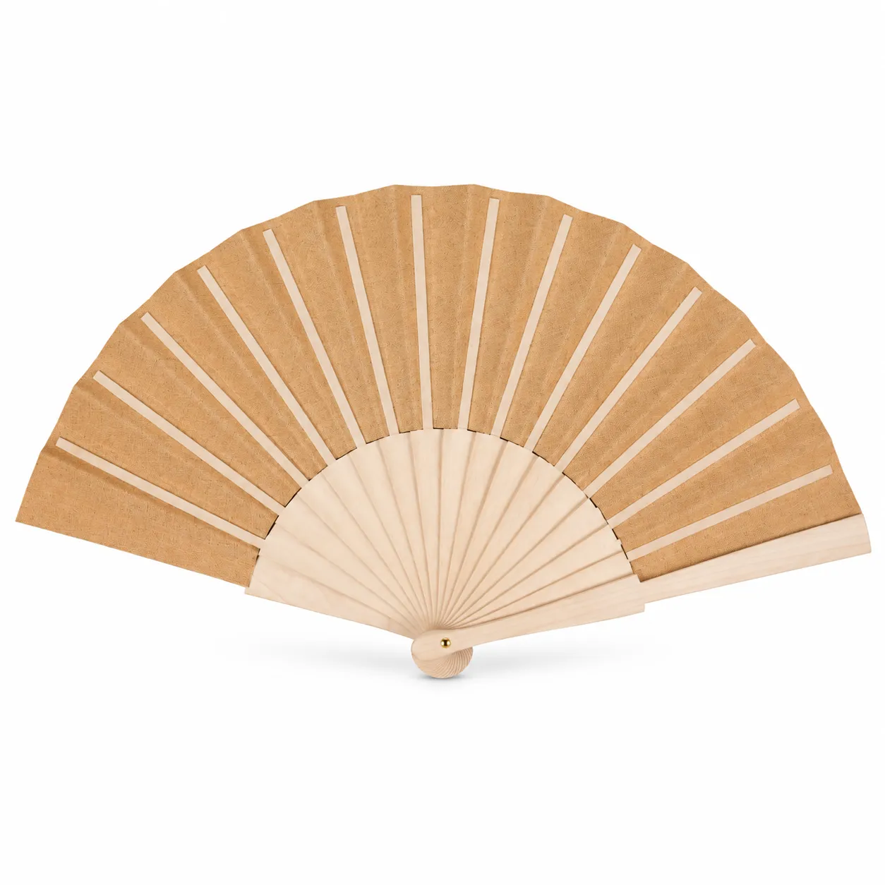 Folding hand fan opened flat showing a speckled natural cork leaf on a pale wooden ribbed frame with a brass pivot