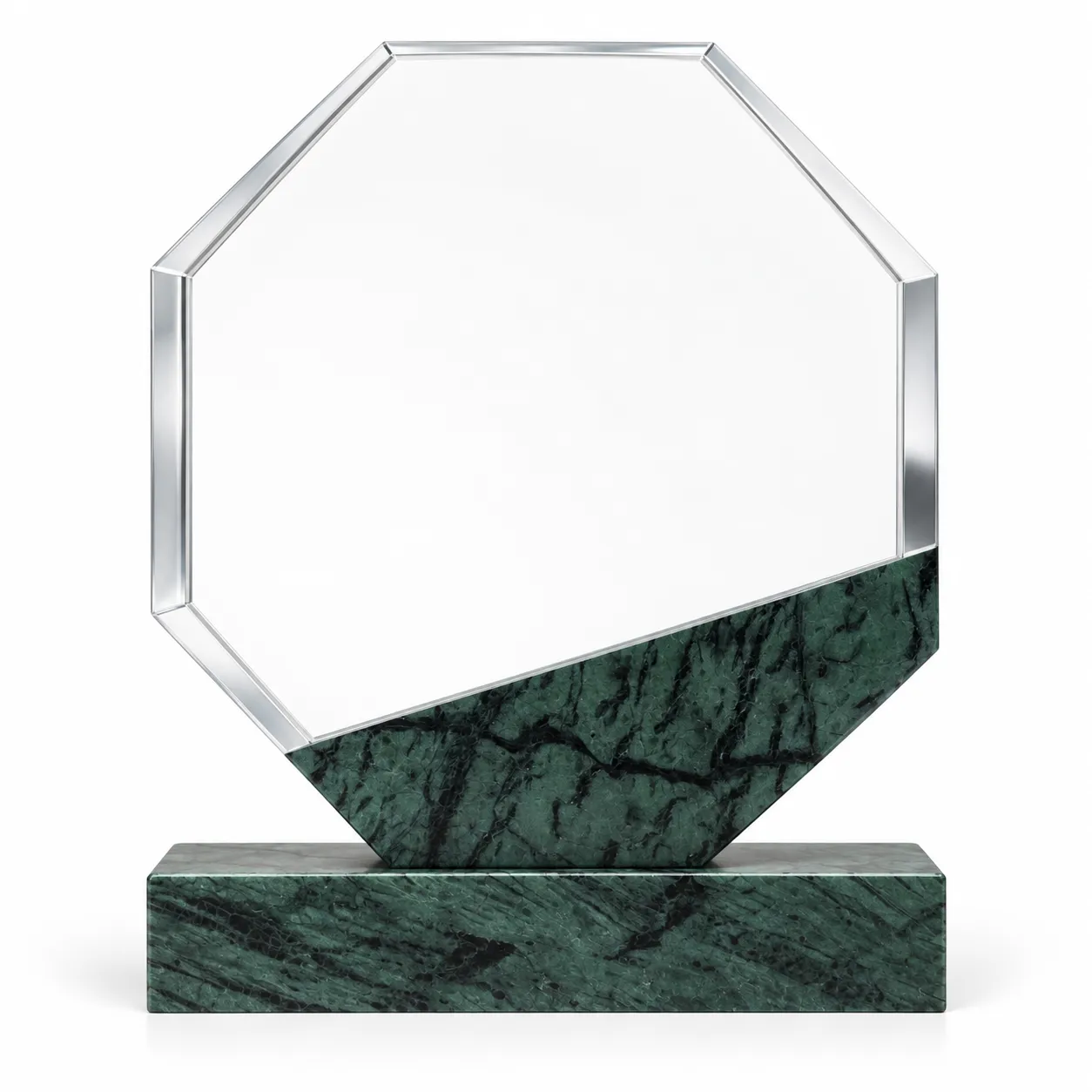 Green marble octagonal crystal award on a desk