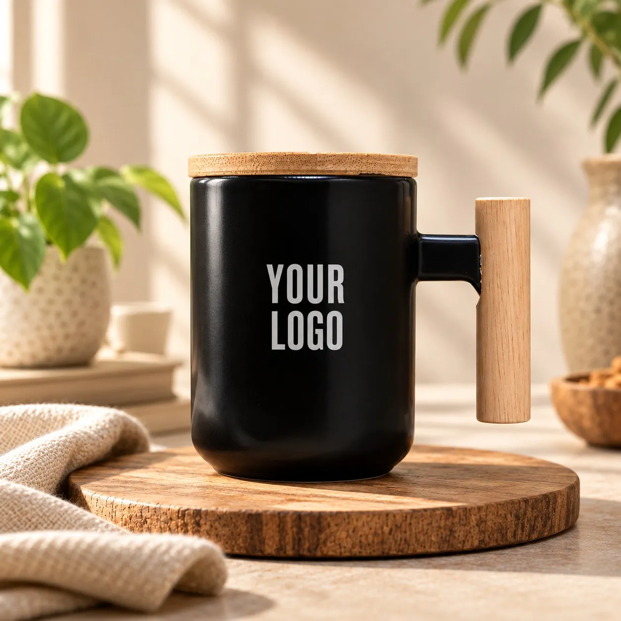 Eco-friendly ceramic mug with a stylish bamboo handle and lid Black