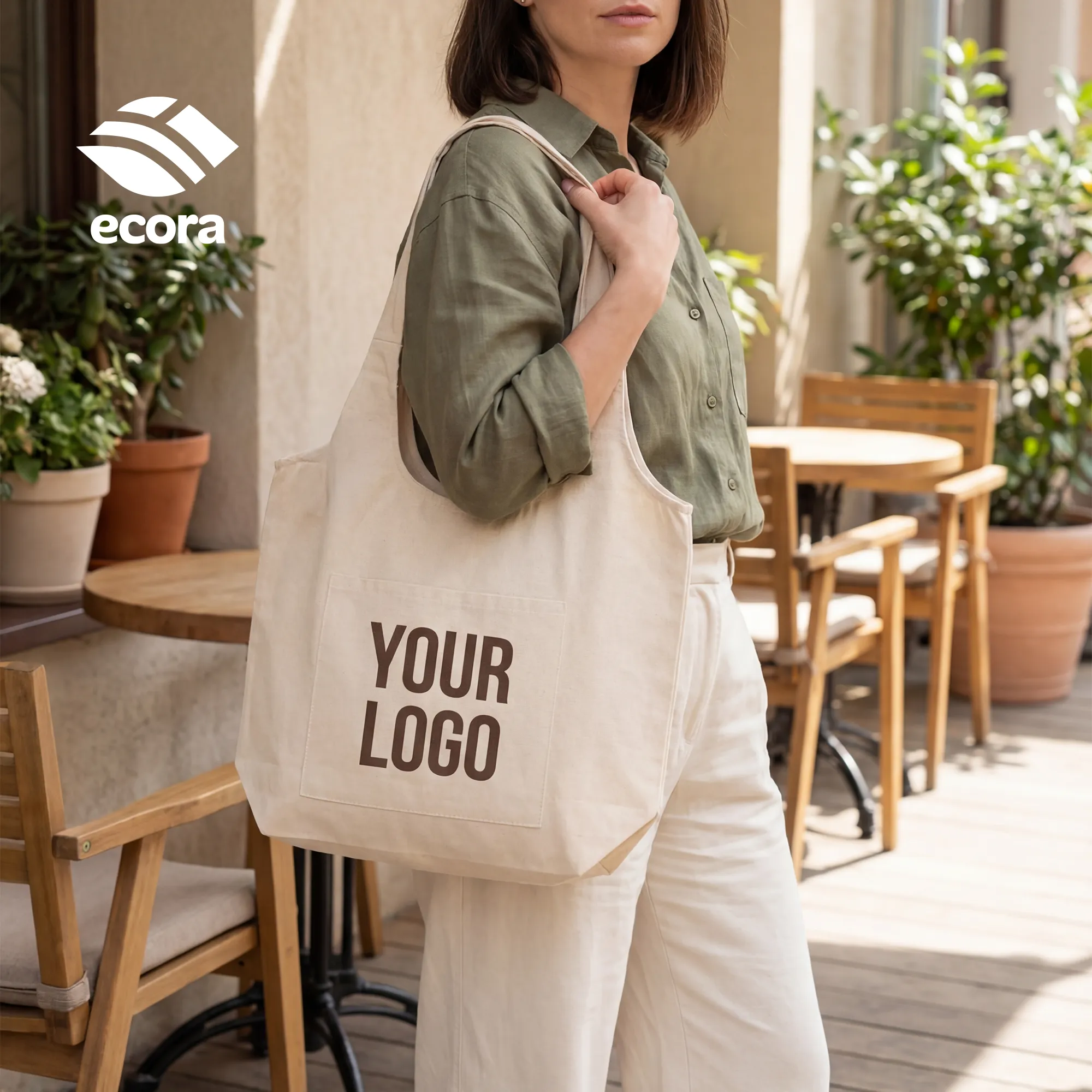 Toto canvas shoulder tote in natural with a large printed logo on the front panel