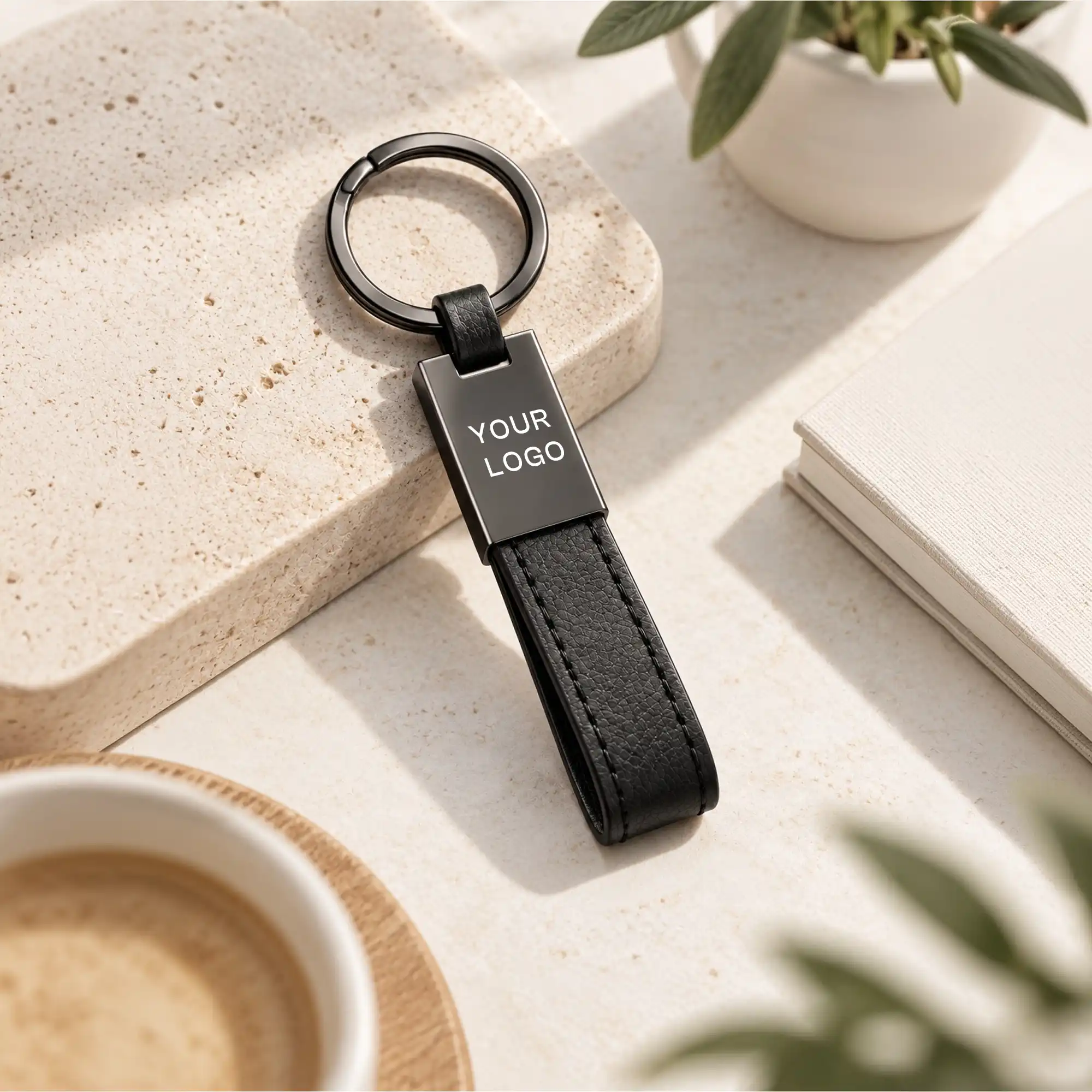Matte black tag keychain with black PU leather strap