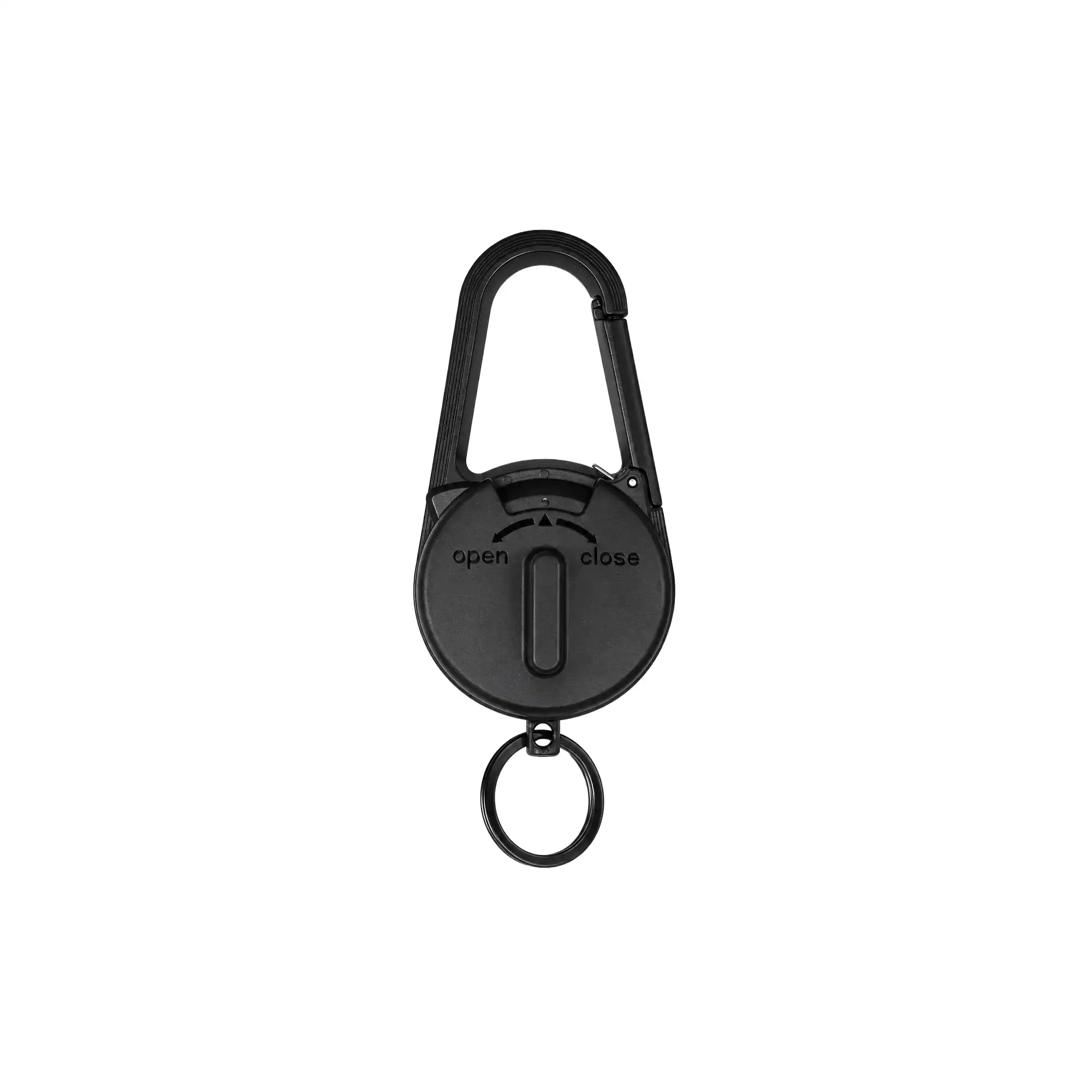 Latchex carabiner Bluetooth finder shown open with keyring, rotating cap and clip