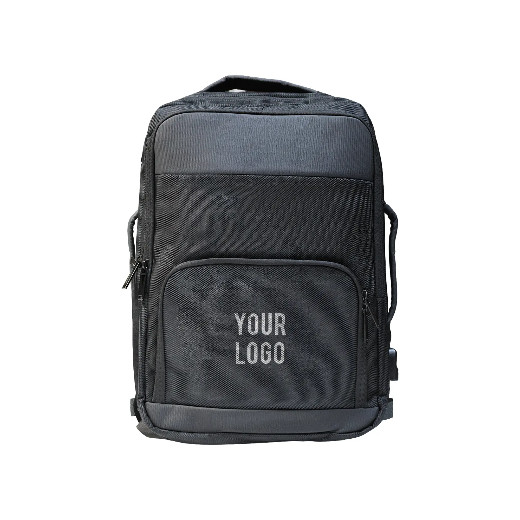 Black executive laptop backpack with USB charging port and multiple compartments