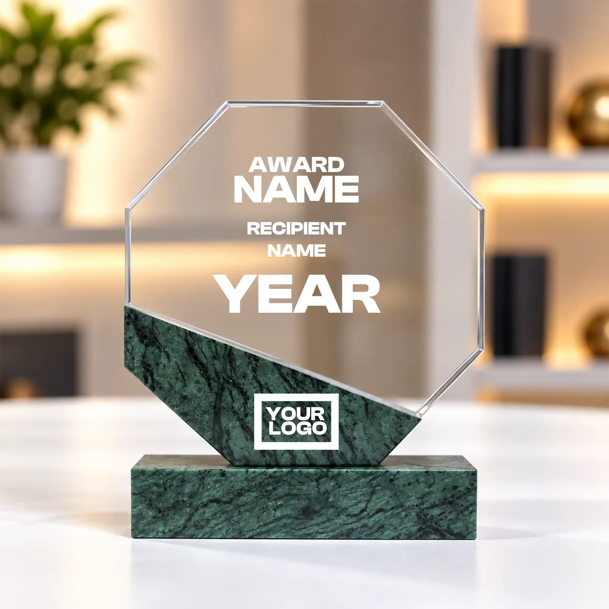 Green marble octagonal crystal award on a desk