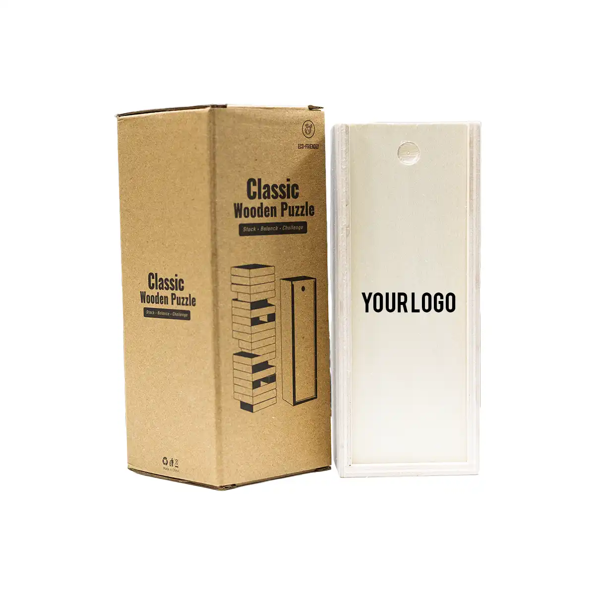 Classic wooden puzzle stacking game with sliding wooden box