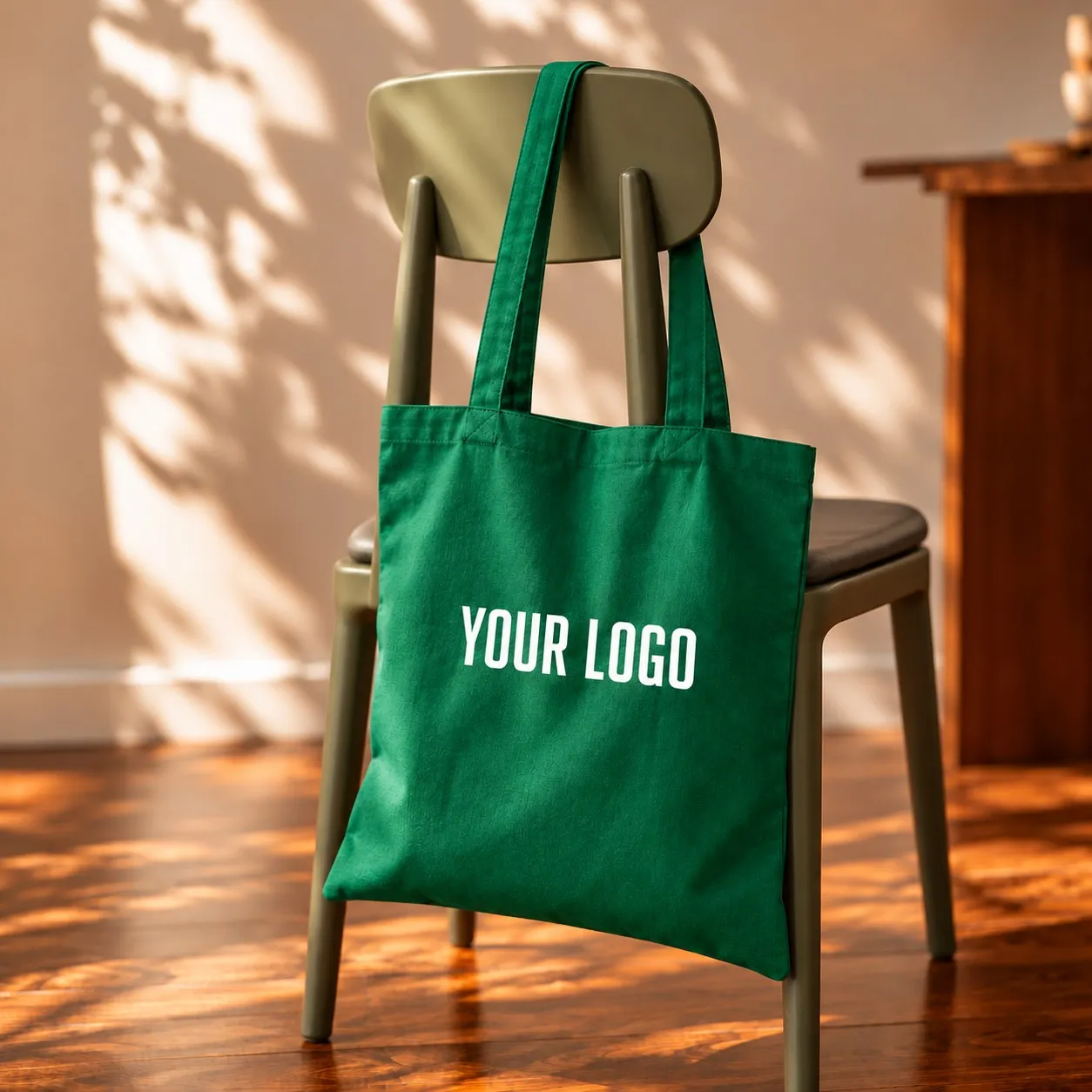 Green recycled cotton tote bag with long handles – sustainable and reusable