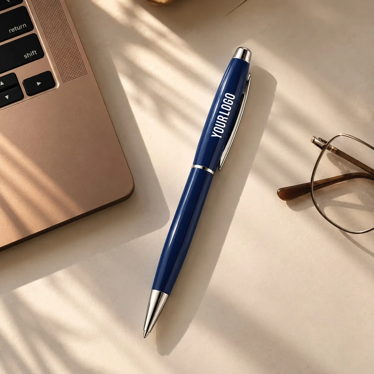 Blue glossy metal ballpoint pen with chrome trim standing upright on white