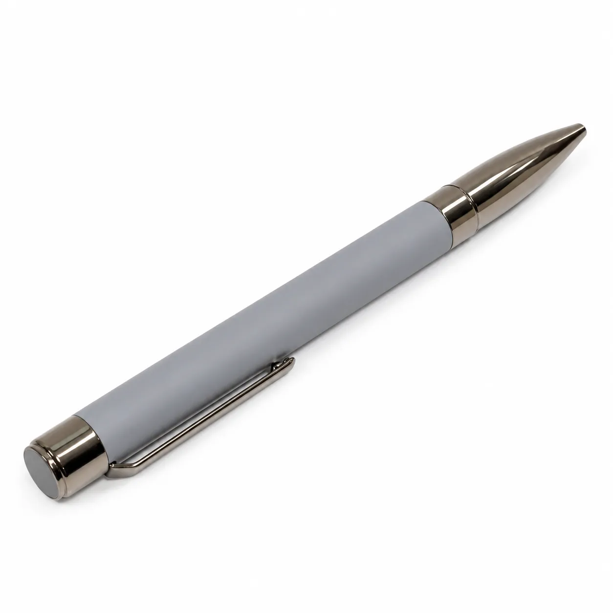 Grey matte metal ballpoint pen with gunmetal clip and bullet tip on white