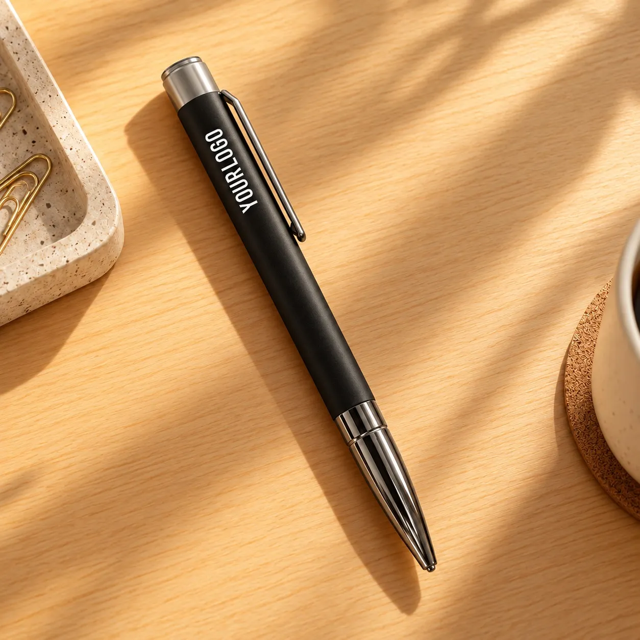 Black matte metal ballpoint pen with gunmetal clip and bullet tip on white