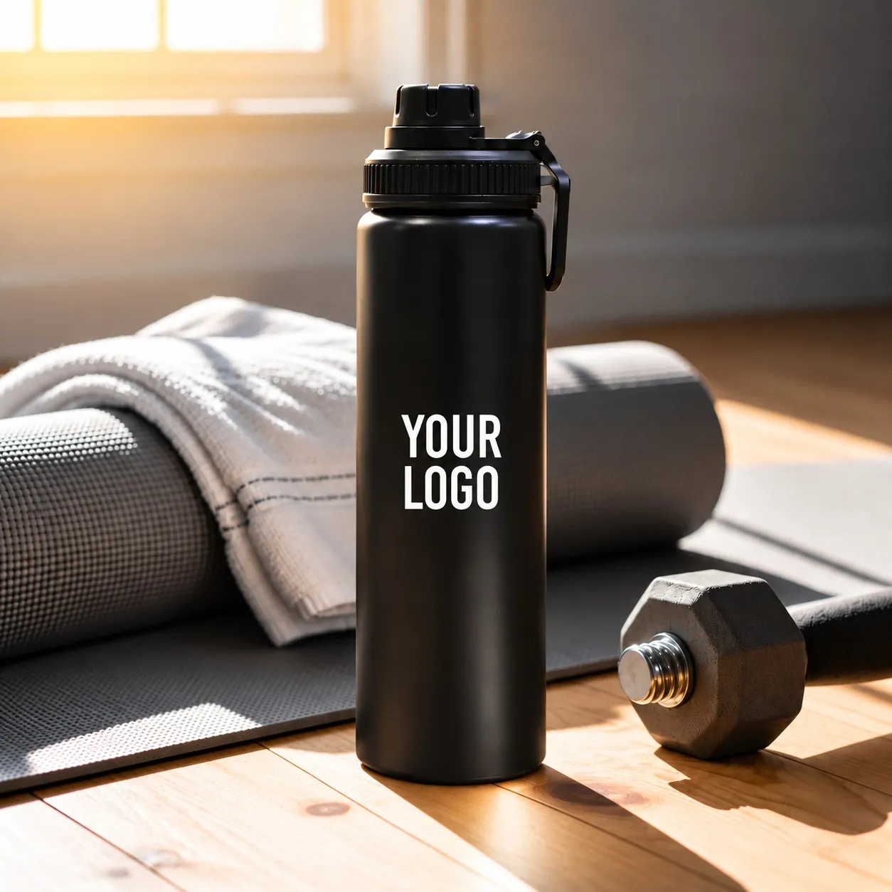 Reusable aluminium sports bottle with handle, 800 ml capacity, black and white color options for corporate gifting.