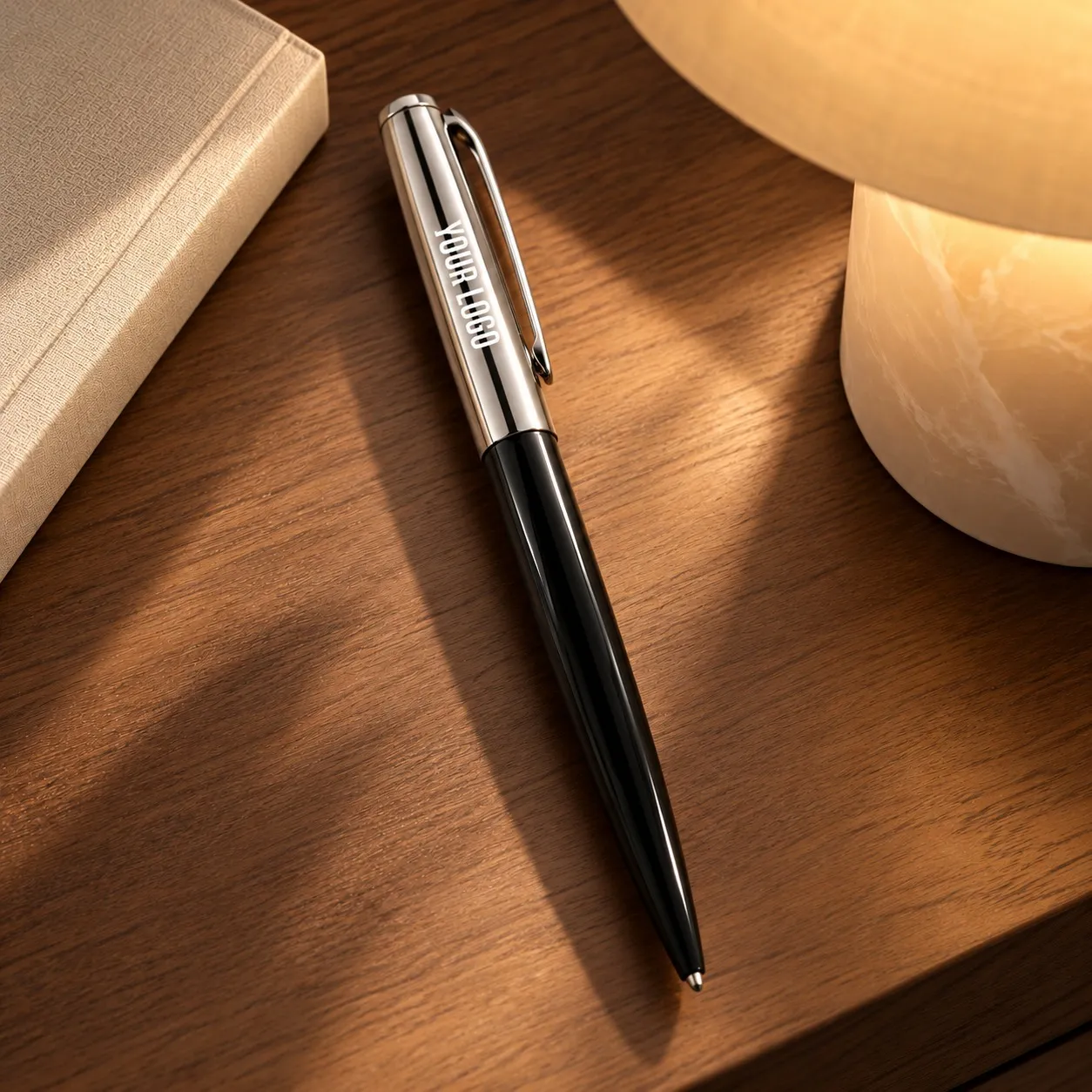 Black glossy metal ballpoint pen with long polished metal top standing upright