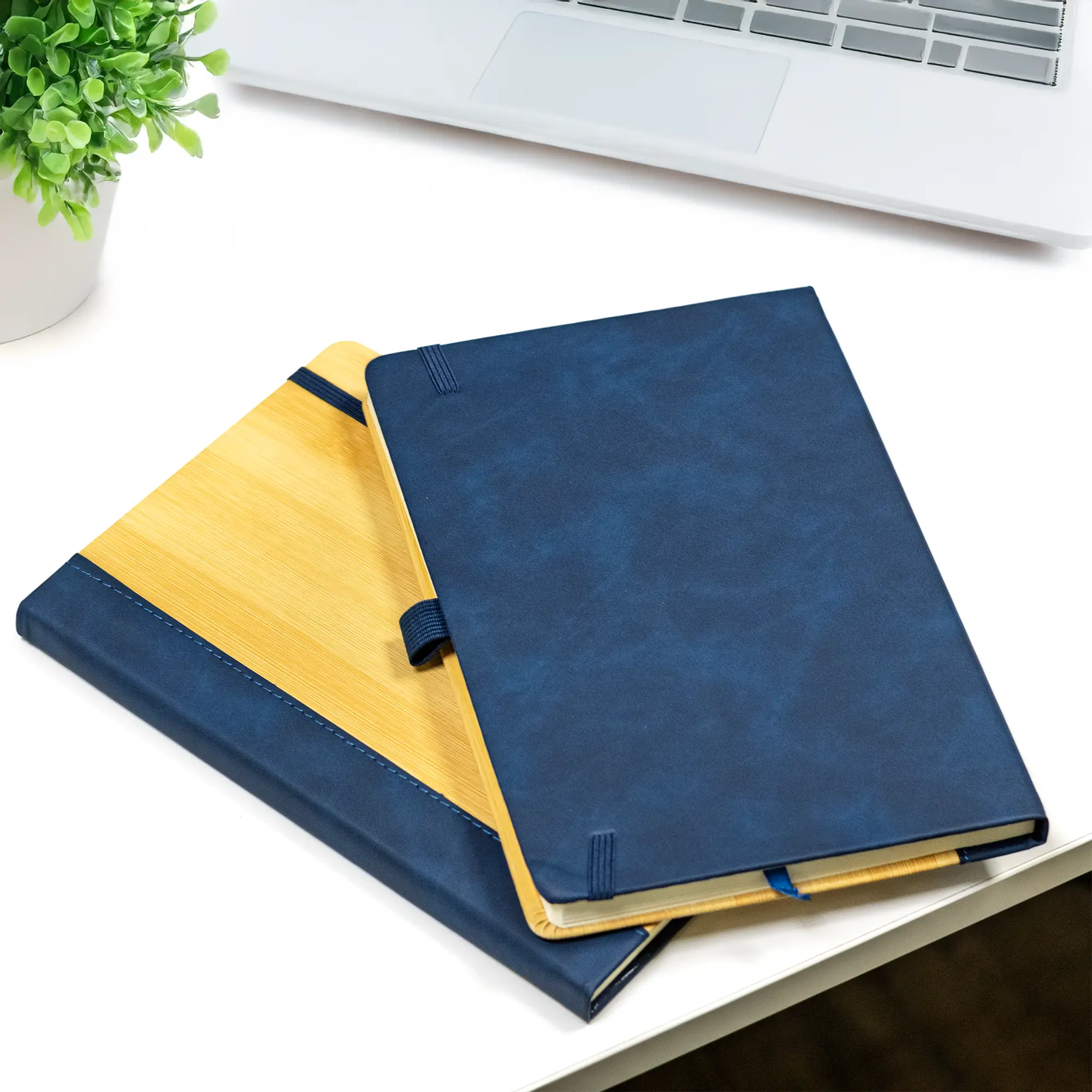Promotional PU Notebook with Bamboo Finish Blue
