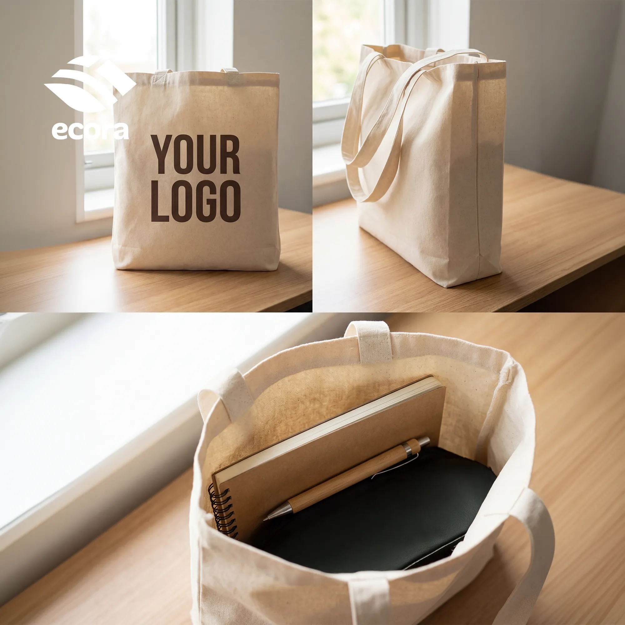Veiro canvas shopping bag shown open with documents inside to demonstrate capacity