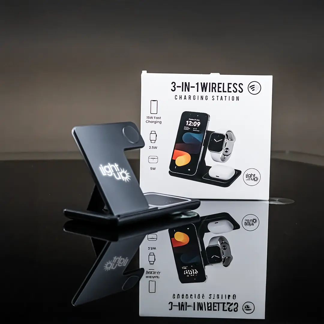 3-in-1 Wireless Charging Station with LightUp Logo - Black Foldable Design