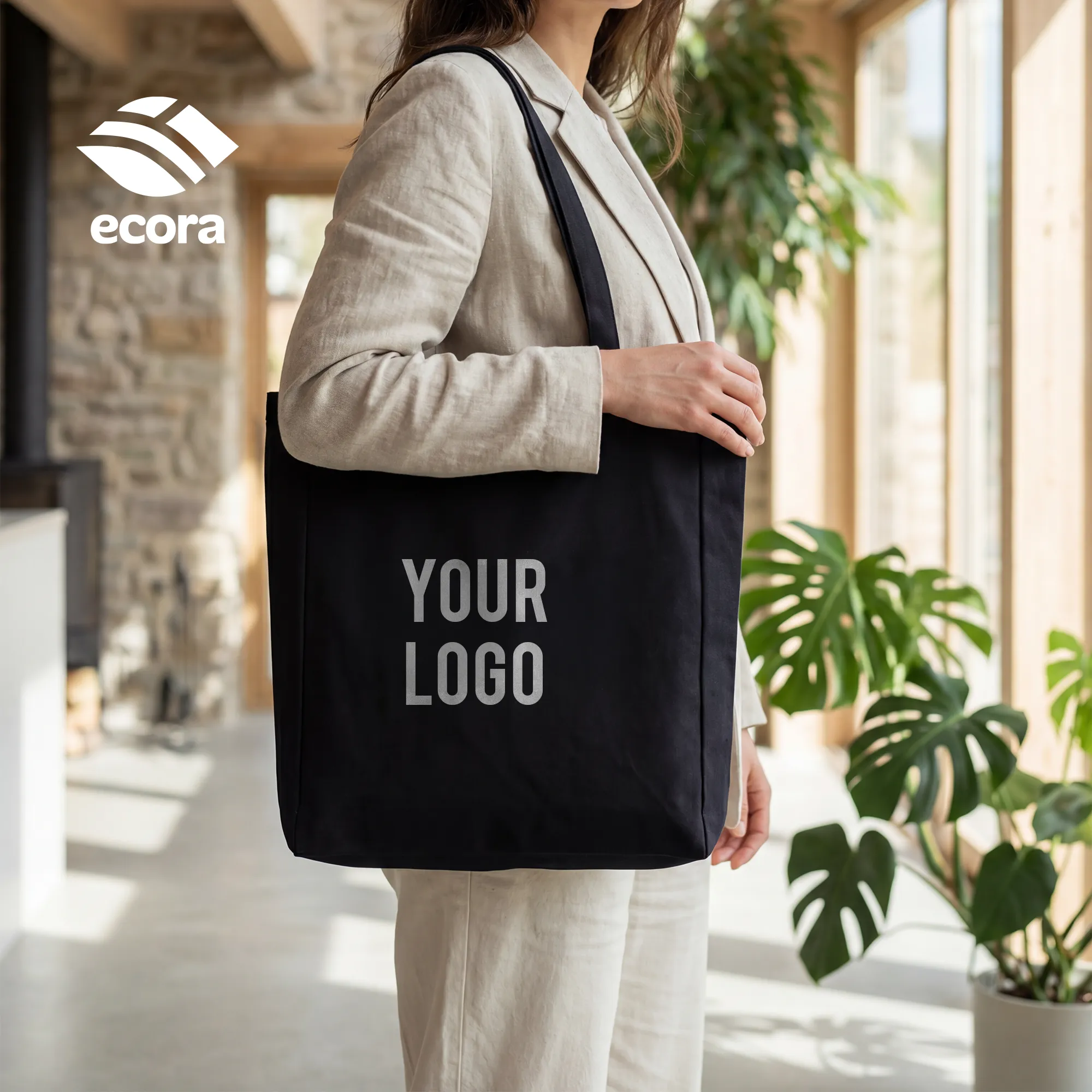 Veiro canvas shopping bag shown open with documents inside to demonstrate capacity
